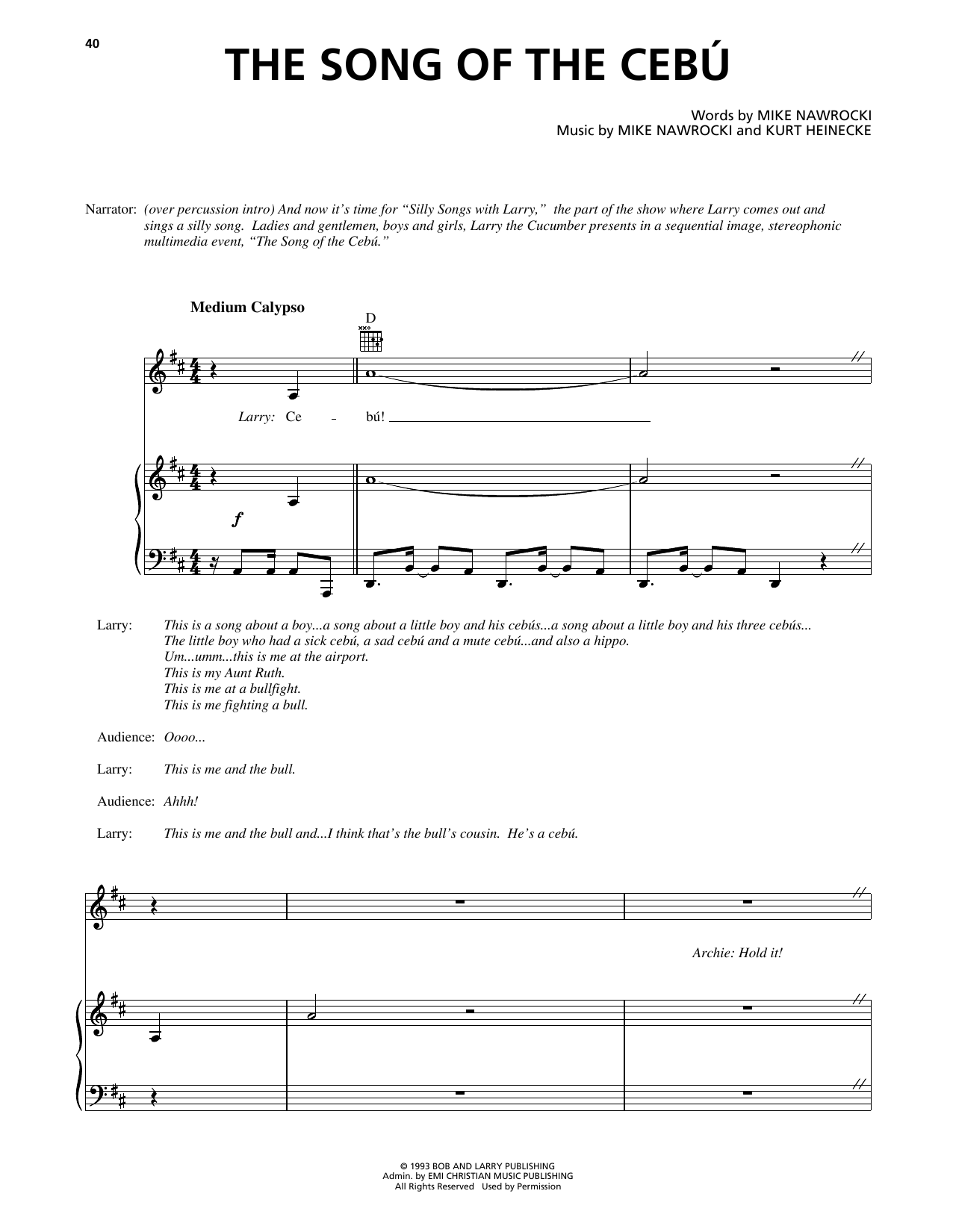 Mike Nawrocki The Song Of The Cebu (from VeggieTales) Sheet Music Notes & Chords for Piano, Vocal & Guitar Chords (Right-Hand Melody) - Download or Print PDF