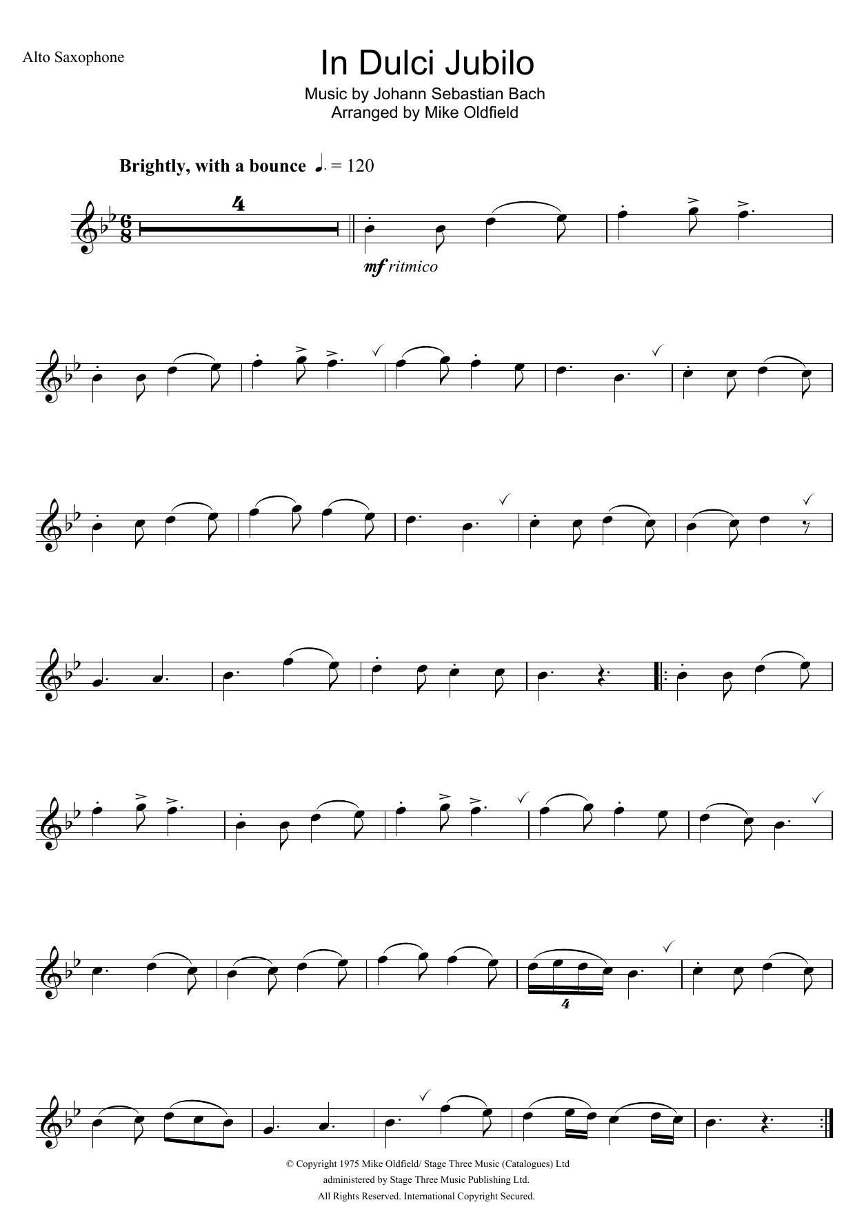 Mike Oldfield In Dulci Jubilo Sheet Music Notes & Chords for Alto Saxophone - Download or Print PDF