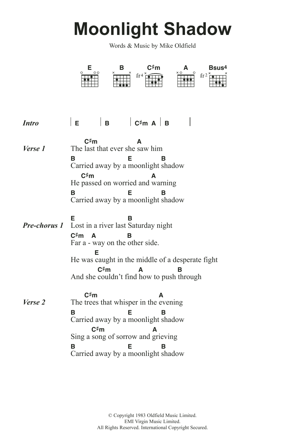 Mike Oldfield Moonlight Shadow Sheet Music Notes & Chords for Lyrics & Chords - Download or Print PDF