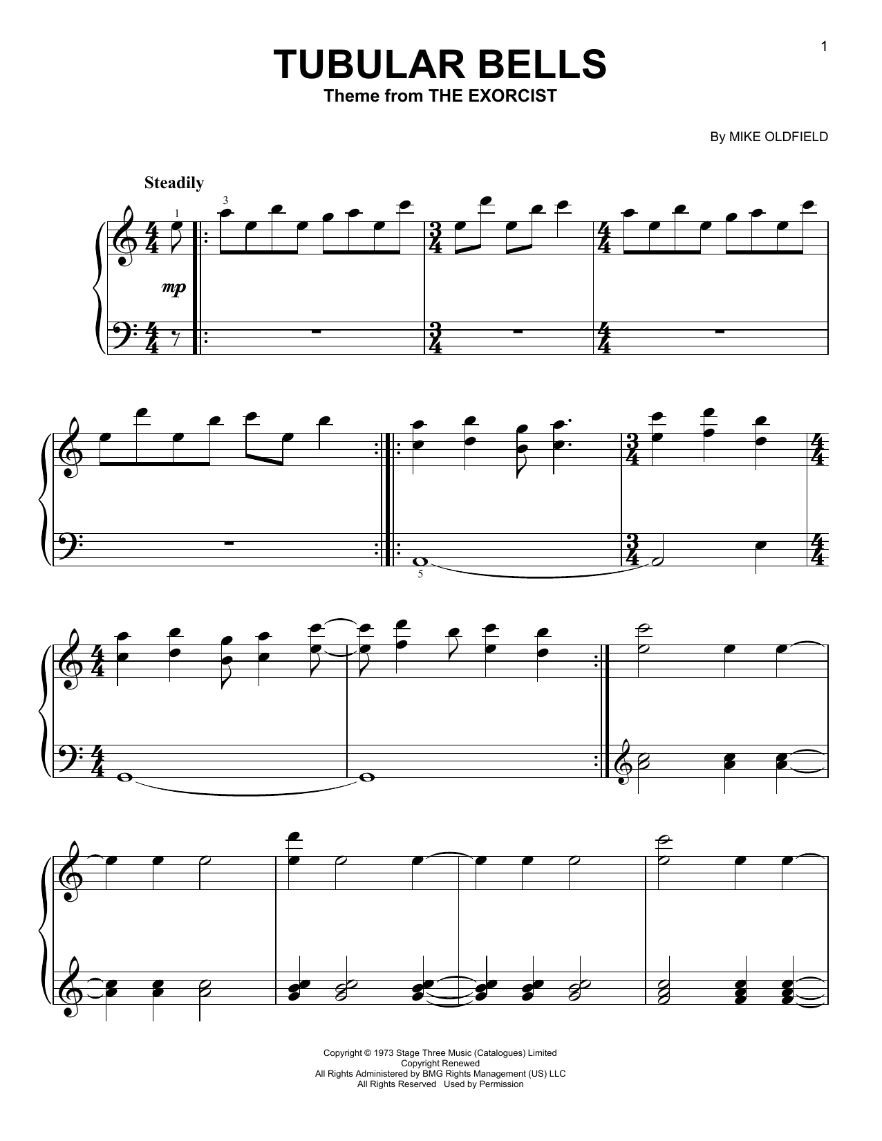 Mike Oldfield Tubular Bells (from The Excorcist) Sheet Music Notes & Chords for Very Easy Piano - Download or Print PDF