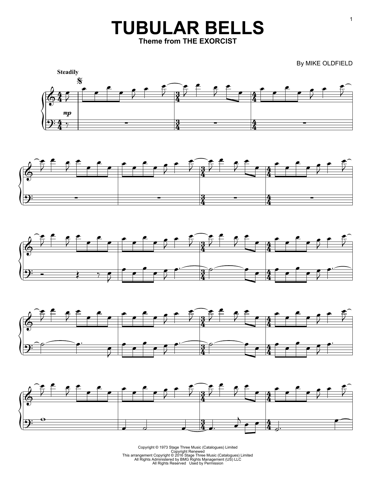 Mike Oldfield Tubular Bells Sheet Music Notes & Chords for Piano (Big Notes) - Download or Print PDF