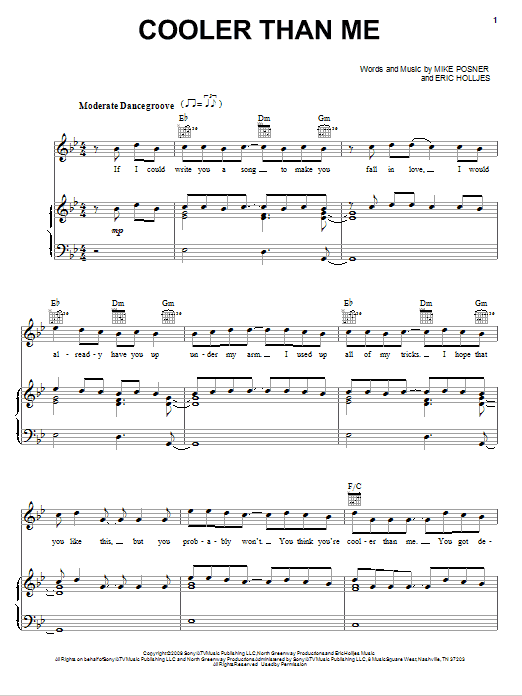 Mike Posner Cooler Than Me Sheet Music Notes & Chords for Piano, Vocal & Guitar (Right-Hand Melody) - Download or Print PDF