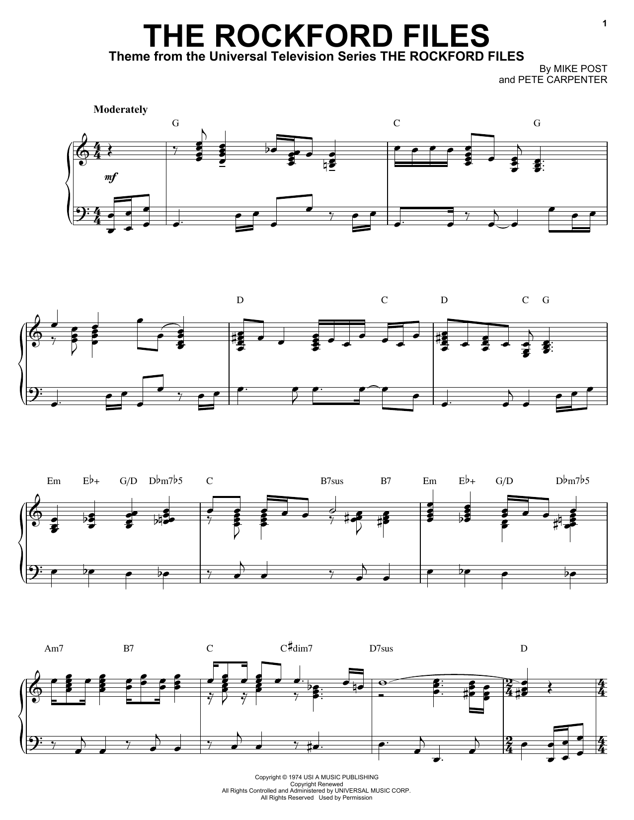 Mike Post The Rockford Files Sheet Music Notes & Chords for Lead Sheet / Fake Book - Download or Print PDF