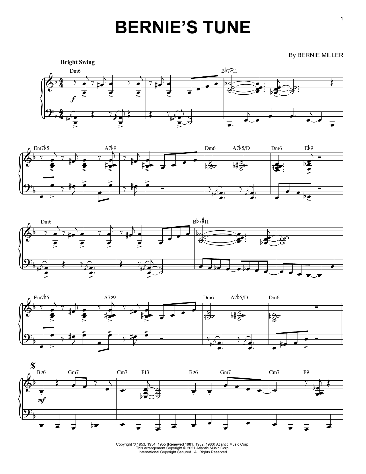 Mike Stoller Bernie's Tune [Jazz version] (arr. Brent Edstrom) Sheet Music Notes & Chords for Piano Solo - Download or Print PDF