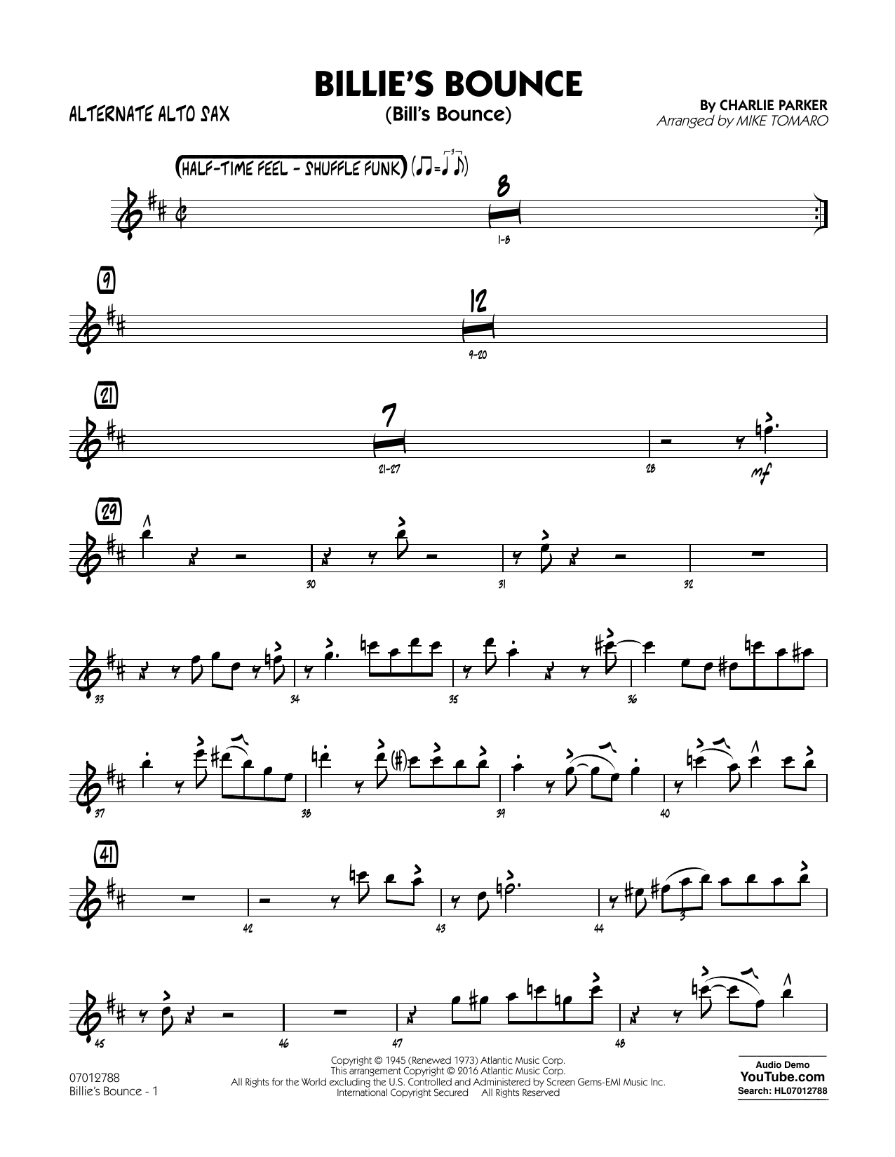 Mike Tomaro Billie's Bounce - Alternate Alto Sax Sheet Music Notes & Chords for Jazz Ensemble - Download or Print PDF