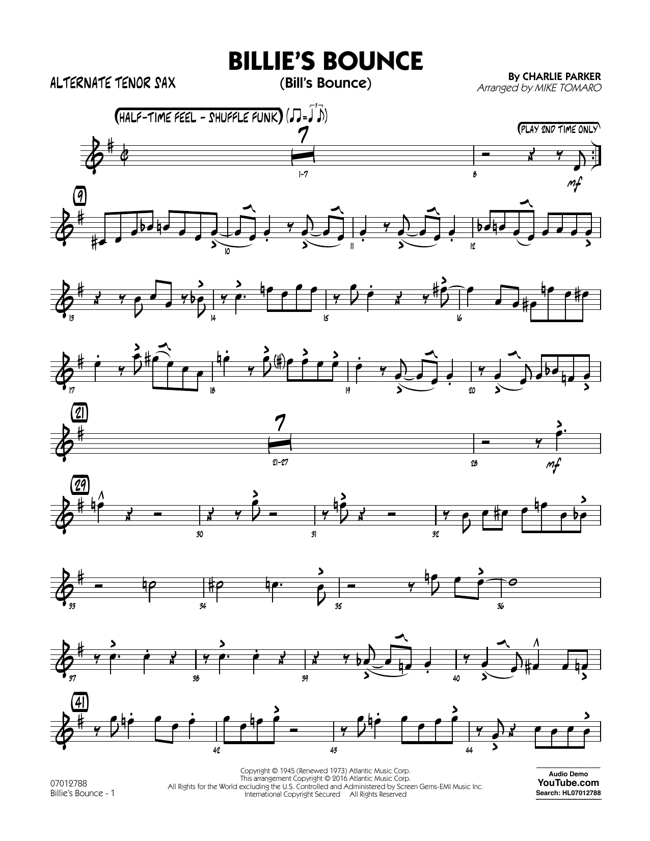 Mike Tomaro Billie's Bounce - Alternate Tenor Sax Sheet Music Notes & Chords for Jazz Ensemble - Download or Print PDF