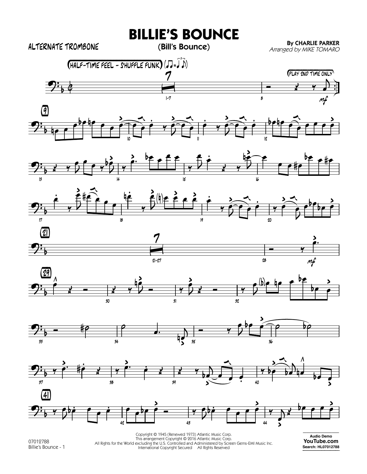 Mike Tomaro Billie's Bounce - Alternate Trombone Sheet Music Notes & Chords for Jazz Ensemble - Download or Print PDF
