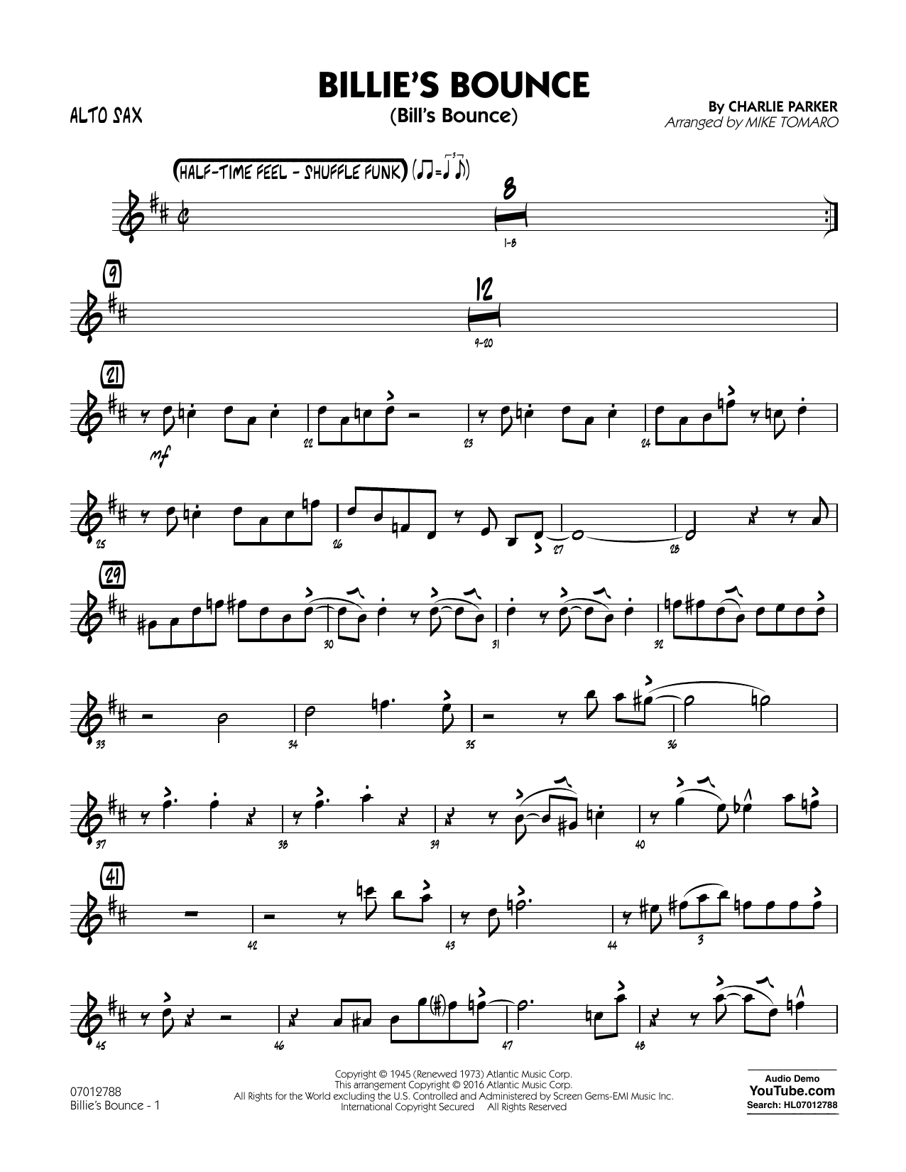 Mike Tomaro Billie's Bounce - Alto Sax Sheet Music Notes & Chords for Jazz Ensemble - Download or Print PDF