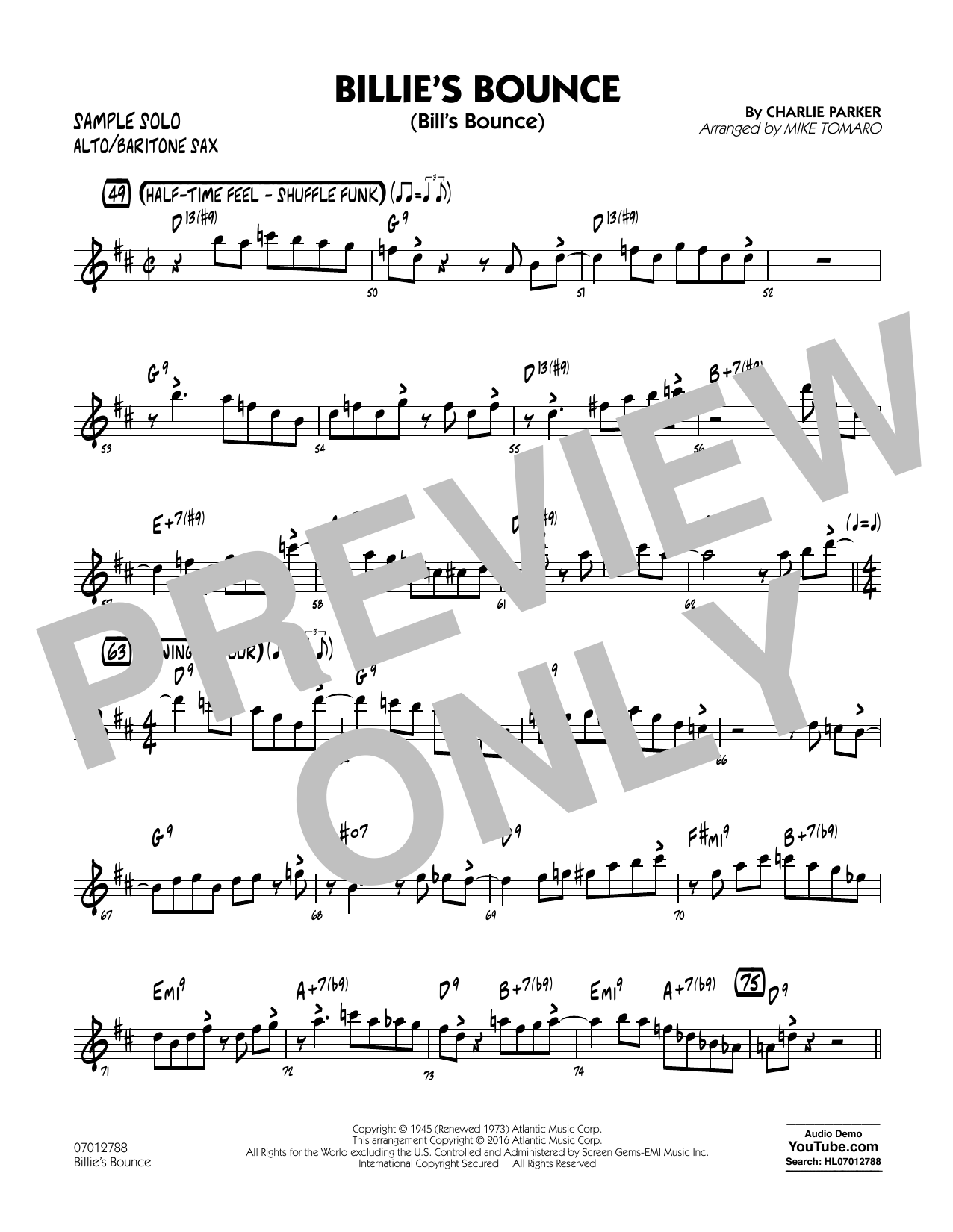 Mike Tomaro Billie's Bounce - Alto Sax/Bari Sax Sample Solo Sheet Music Notes & Chords for Jazz Ensemble - Download or Print PDF