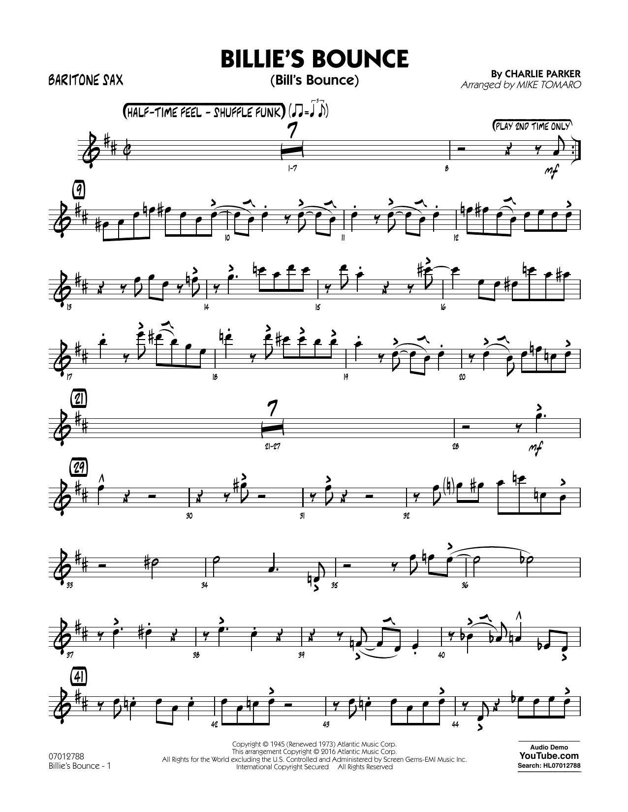 Mike Tomaro Billie's Bounce - Baritone Sax Sheet Music Notes & Chords for Jazz Ensemble - Download or Print PDF