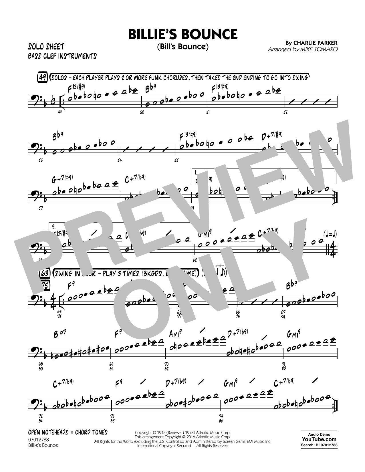 Mike Tomaro Billie's Bounce - Bass Clef Solo Sheet Sheet Music Notes & Chords for Jazz Ensemble - Download or Print PDF