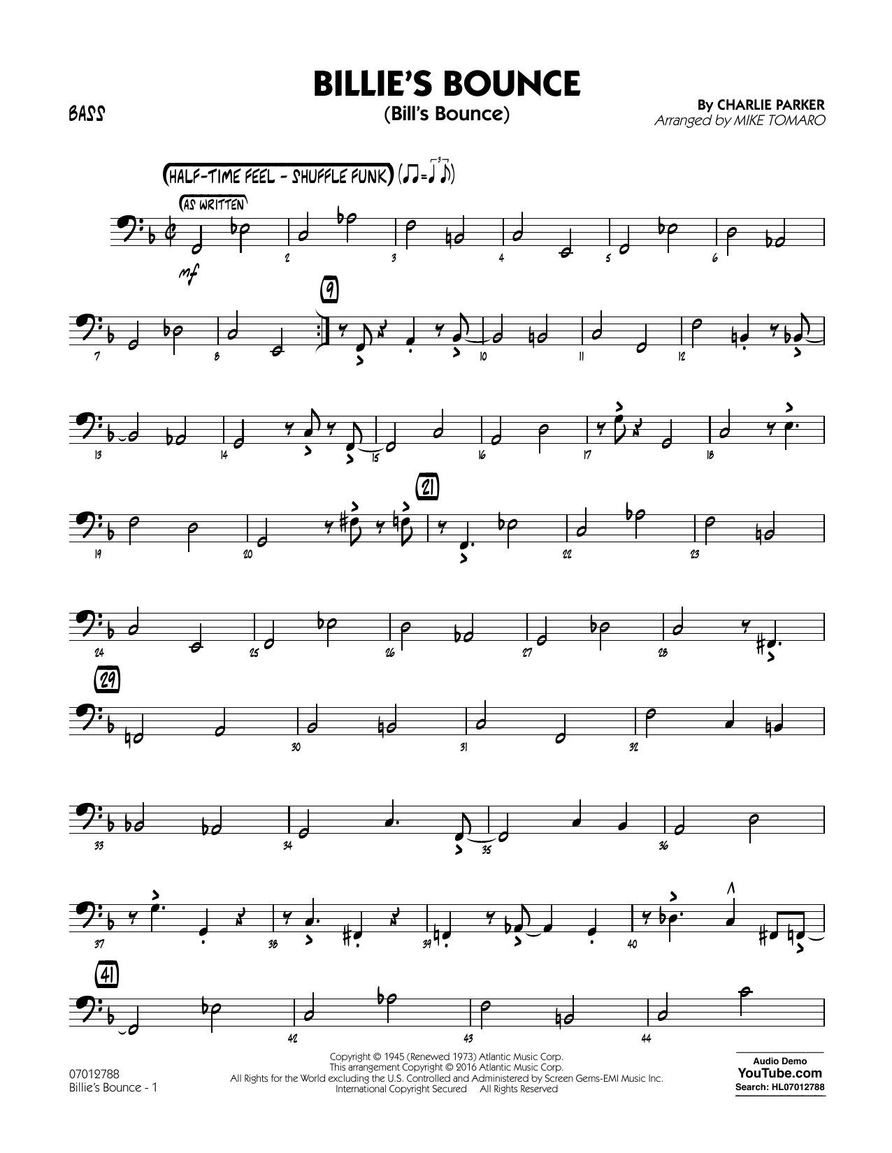 Mike Tomaro Billie's Bounce - Bass Sheet Music Notes & Chords for Jazz Ensemble - Download or Print PDF