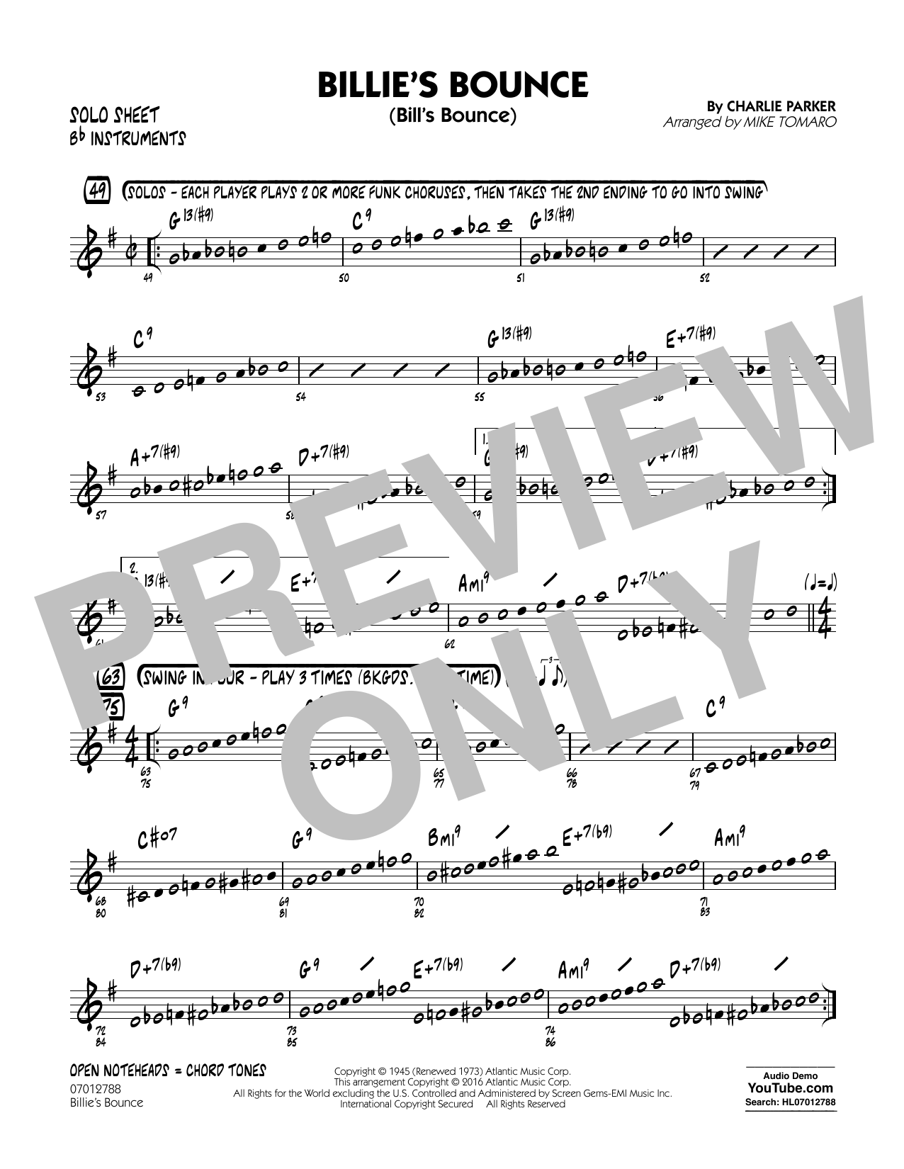 Mike Tomaro Billie's Bounce - Bb Solo Sheet Sheet Music Notes & Chords for Jazz Ensemble - Download or Print PDF