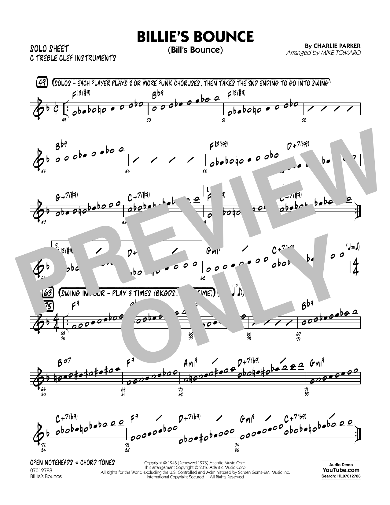 Mike Tomaro Billie's Bounce - C Solo Sheet Sheet Music Notes & Chords for Jazz Ensemble - Download or Print PDF