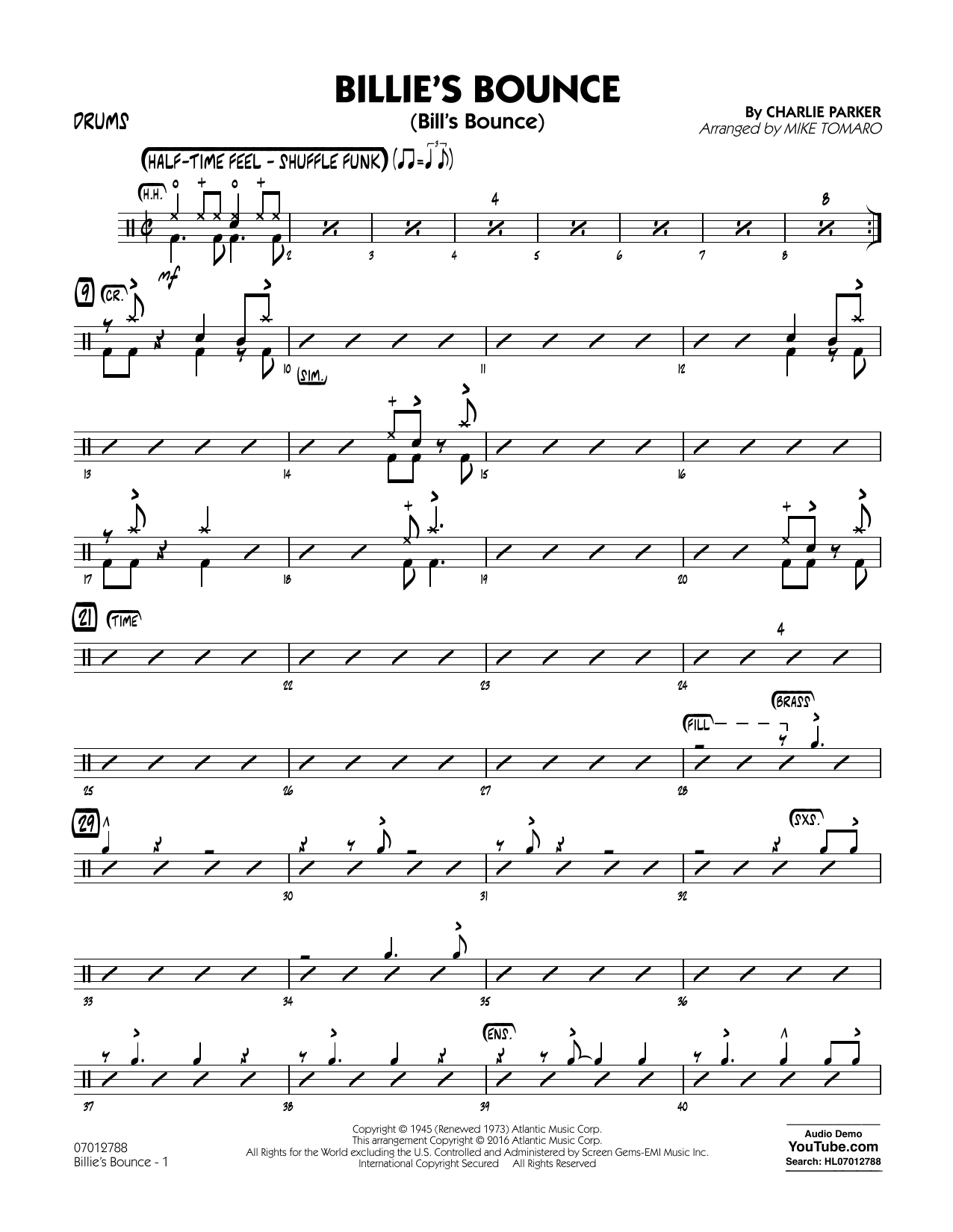 Mike Tomaro Billie's Bounce - Drums Sheet Music Notes & Chords for Jazz Ensemble - Download or Print PDF