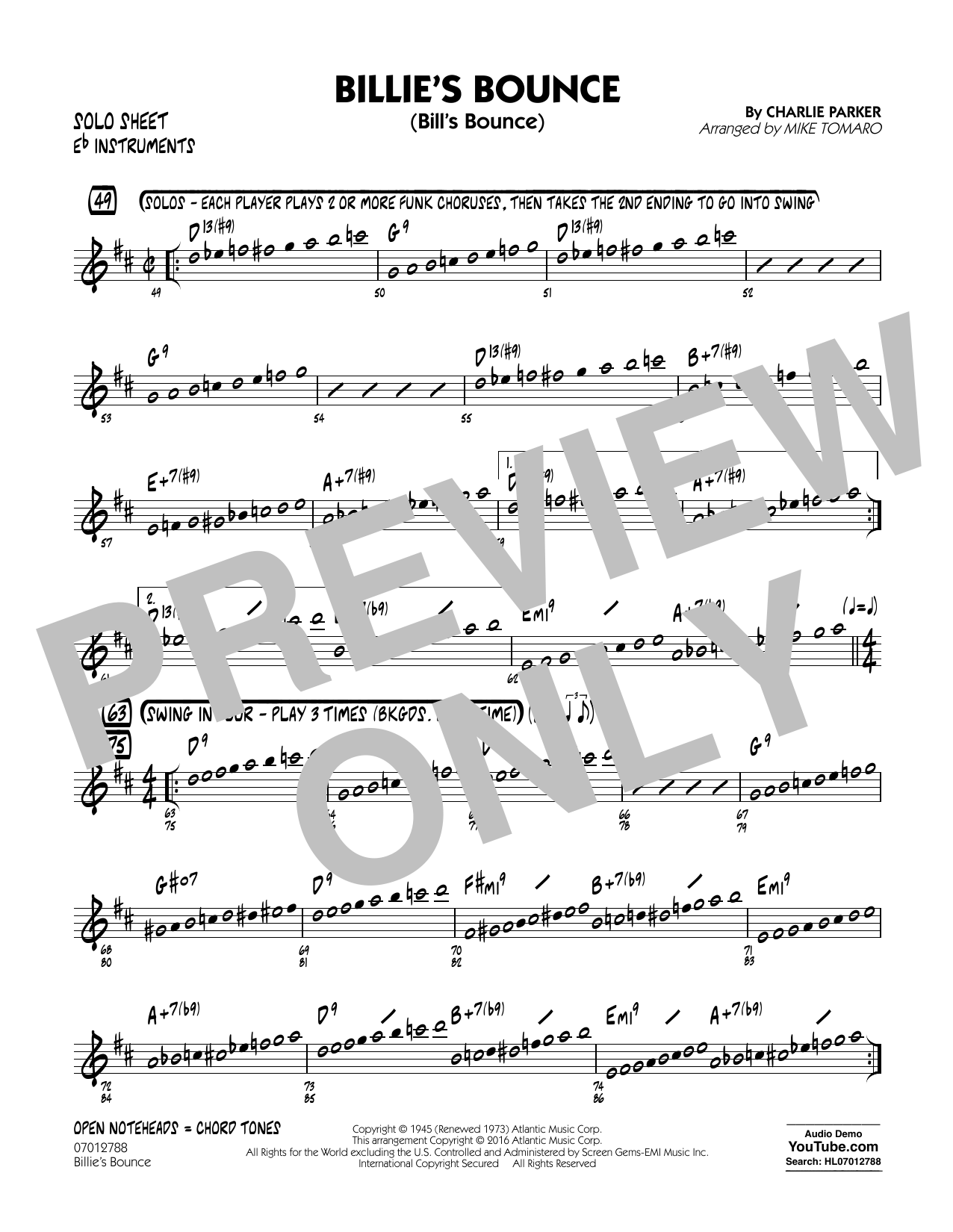 Mike Tomaro Billie's Bounce - Eb Solo Sheet Sheet Music Notes & Chords for Jazz Ensemble - Download or Print PDF
