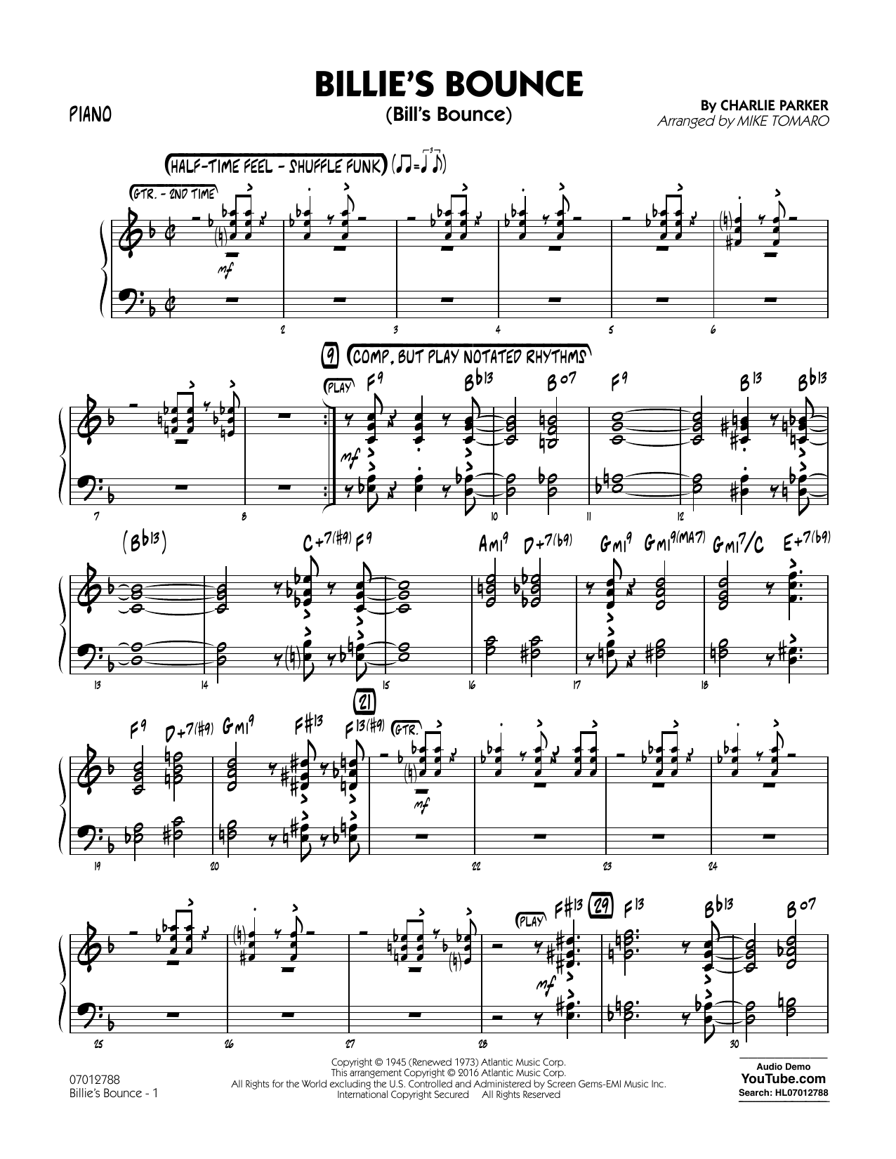 Mike Tomaro Billie's Bounce - Piano Sheet Music Notes & Chords for Jazz Ensemble - Download or Print PDF