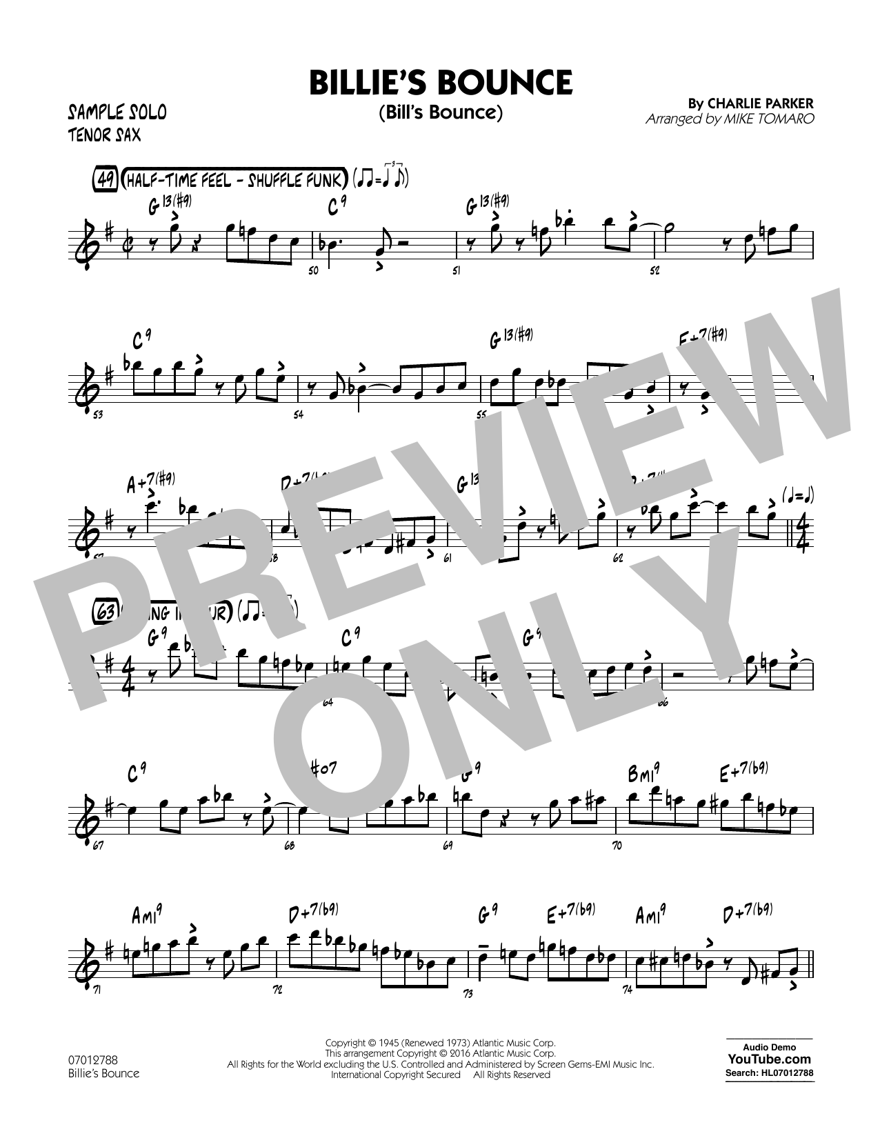Mike Tomaro Billie's Bounce - Tenor Sax Sample Solo Sheet Music Notes & Chords for Jazz Ensemble - Download or Print PDF