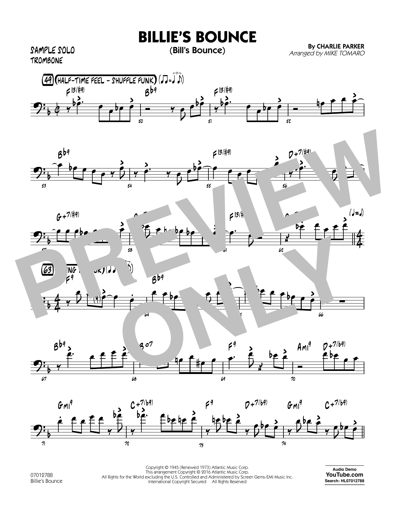 Mike Tomaro Billie's Bounce - Trombone Sample Solo Sheet Music Notes & Chords for Jazz Ensemble - Download or Print PDF