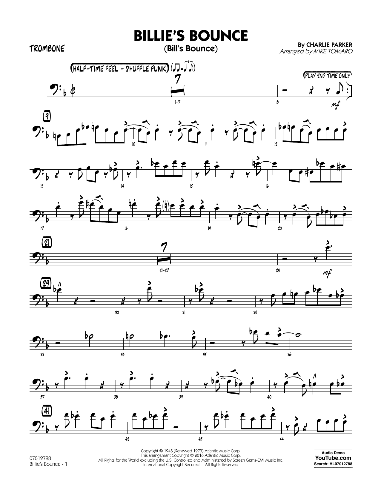 Mike Tomaro Billie's Bounce - Trombone Sheet Music Notes & Chords for Jazz Ensemble - Download or Print PDF