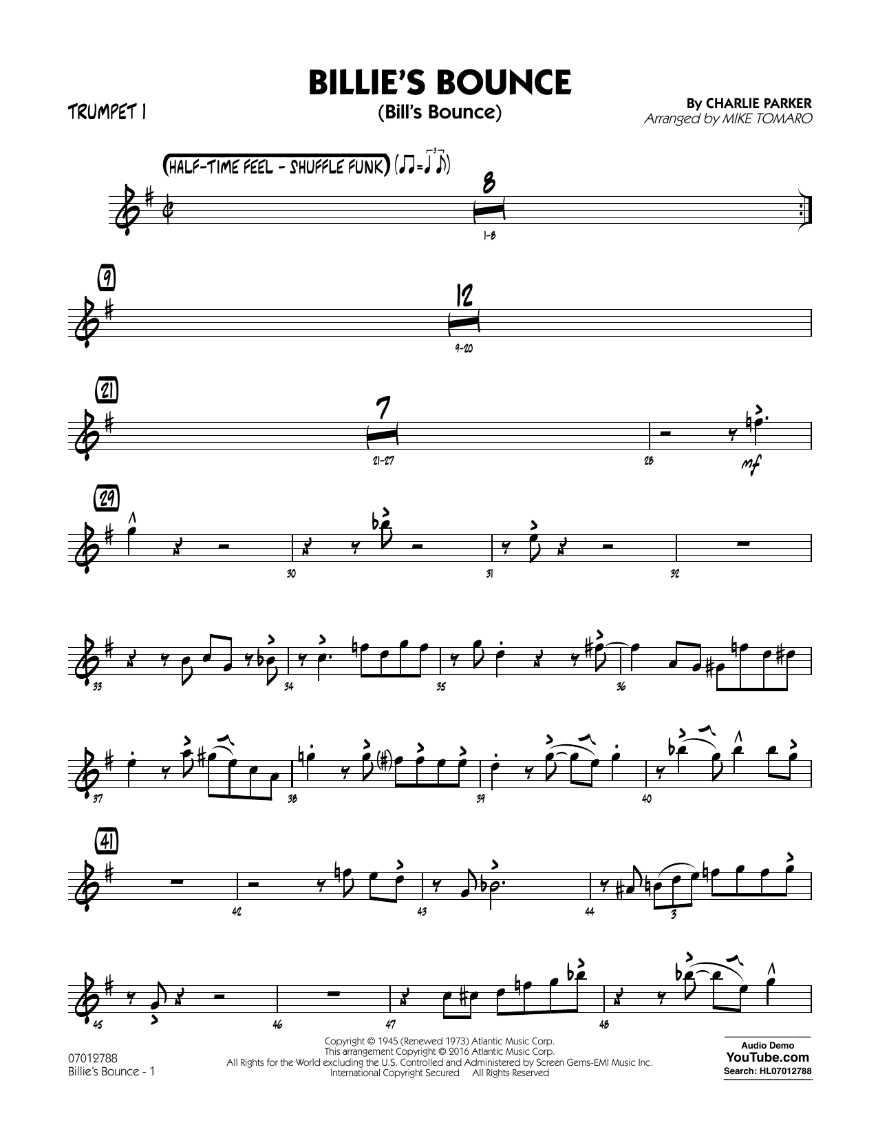 Mike Tomaro Billie's Bounce - Trumpet 1 Sheet Music Notes & Chords for Jazz Ensemble - Download or Print PDF