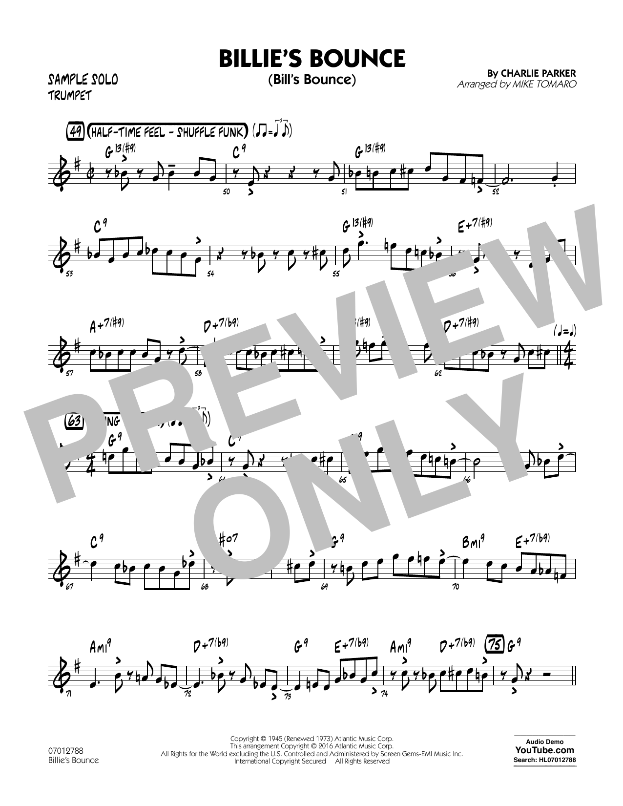 Mike Tomaro Billie's Bounce - Trumpet Sample Solo Sheet Music Notes & Chords for Jazz Ensemble - Download or Print PDF