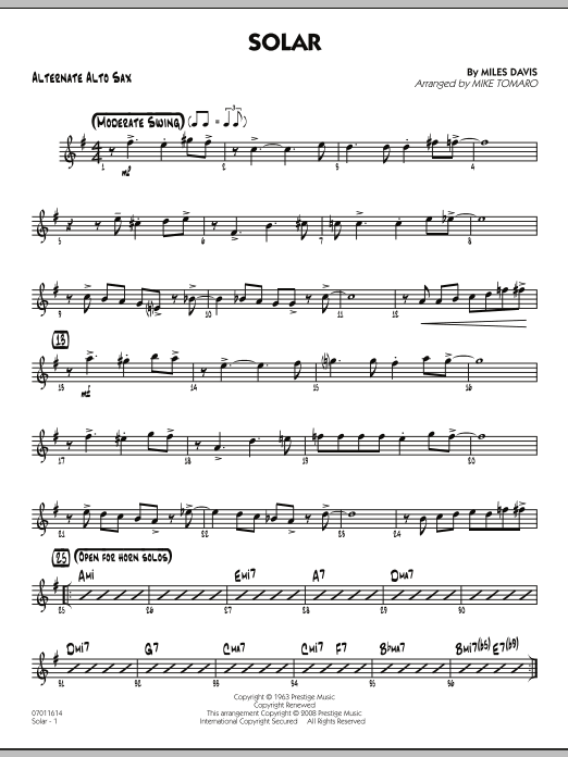 Mike Tomaro Solar - Alternate Alto Sax Sheet Music Notes & Chords for Jazz Ensemble - Download or Print PDF