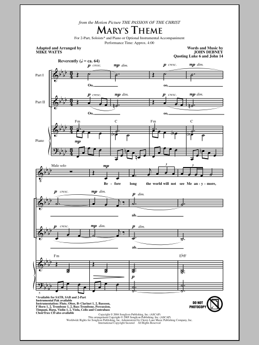 John Debney Mary's Theme (arr. Mike Watts) Sheet Music Notes & Chords for 2-Part Choir - Download or Print PDF