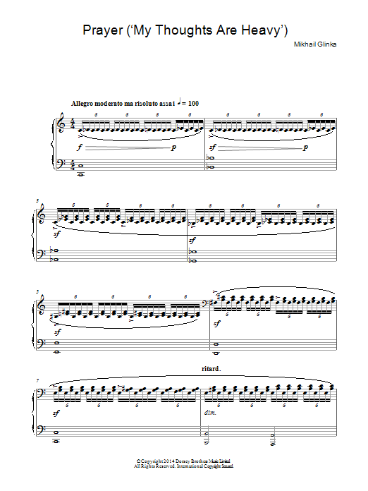 Mikhail Glinka Prayer: My Thoughts Are Heavy Sheet Music Notes & Chords for Piano - Download or Print PDF