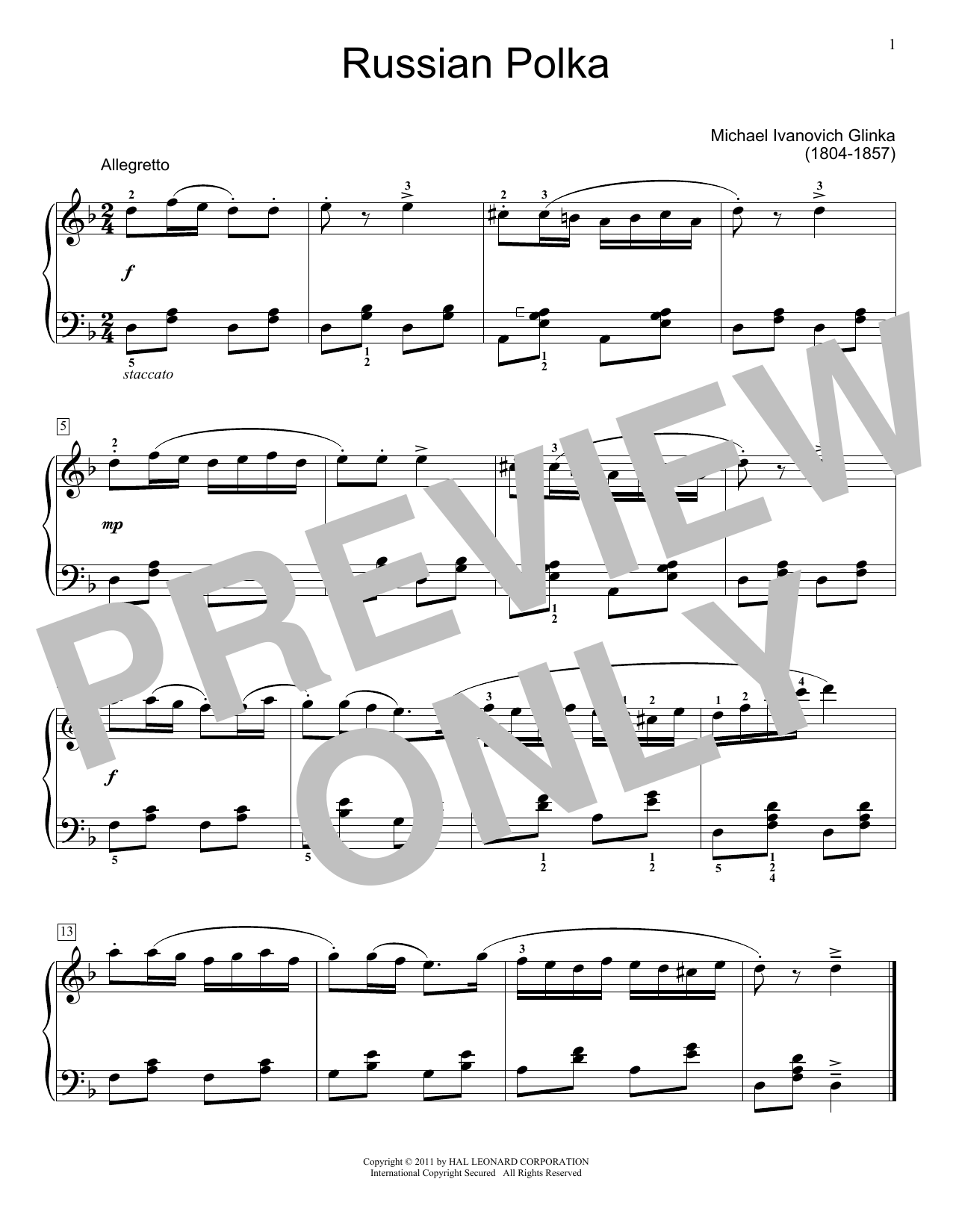 Mikhail Glinka Russian Polka Sheet Music Notes & Chords for Beginner Piano - Download or Print PDF