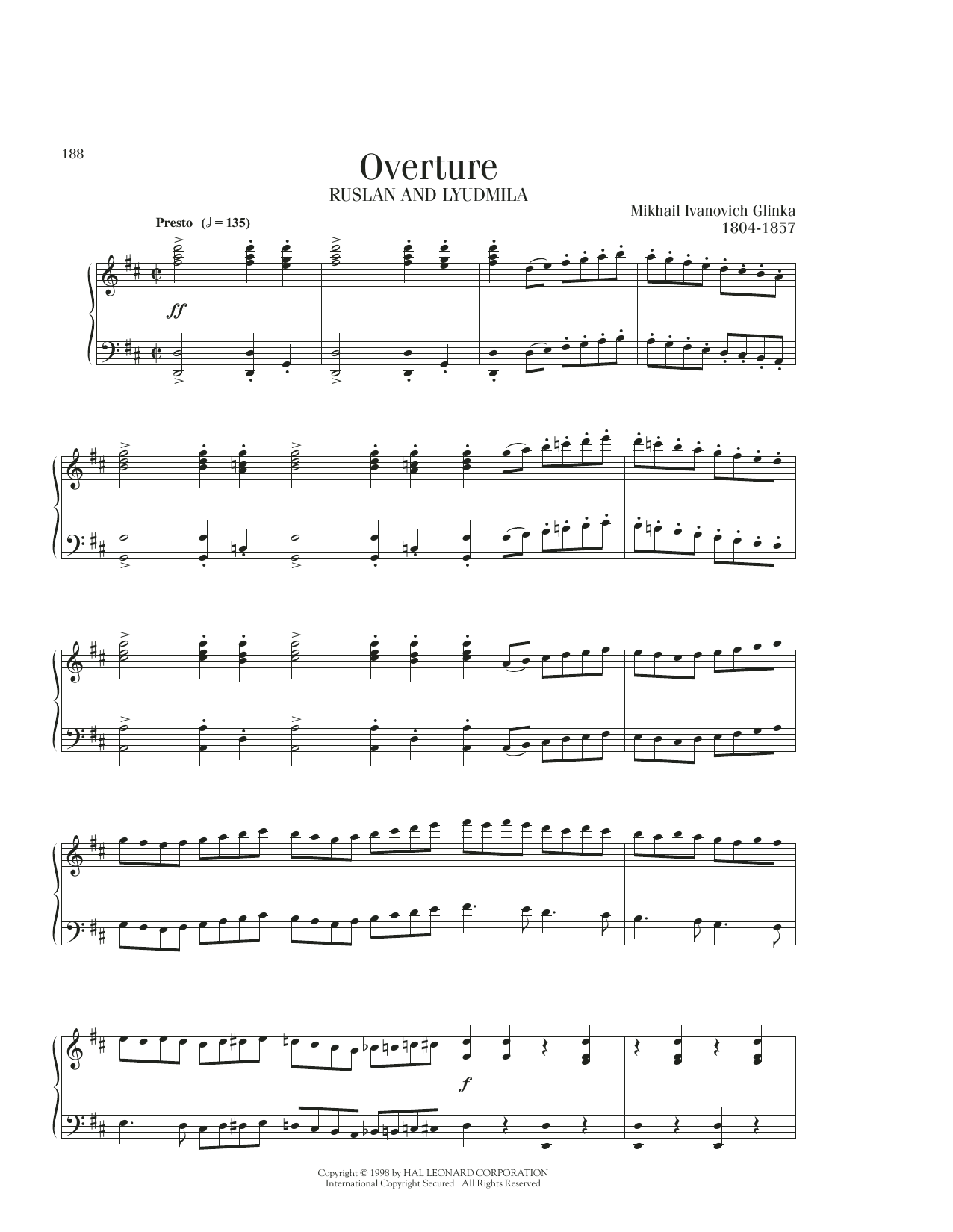 Mikhail Ivanovich Glinka Overture Sheet Music Notes & Chords for Piano Solo - Download or Print PDF
