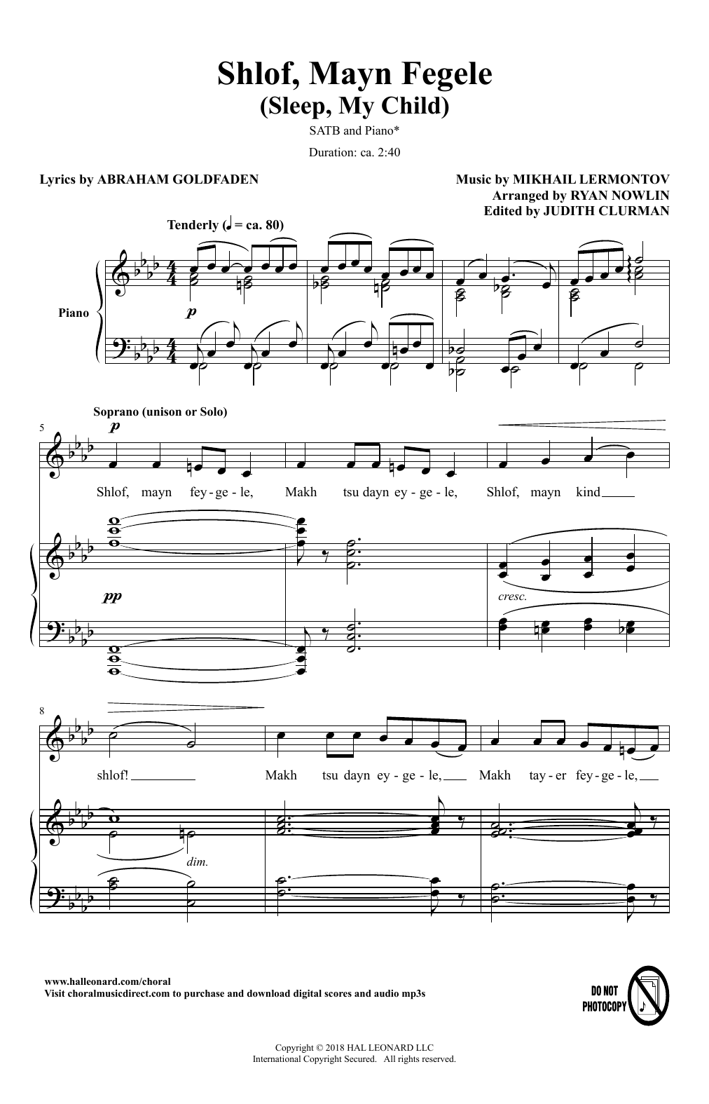 Mikhail Lermontov Shlof, Mayn Fegele (A Lullaby) (arr. Ryan Nowlin) Sheet Music Notes & Chords for SATB Choir - Download or Print PDF