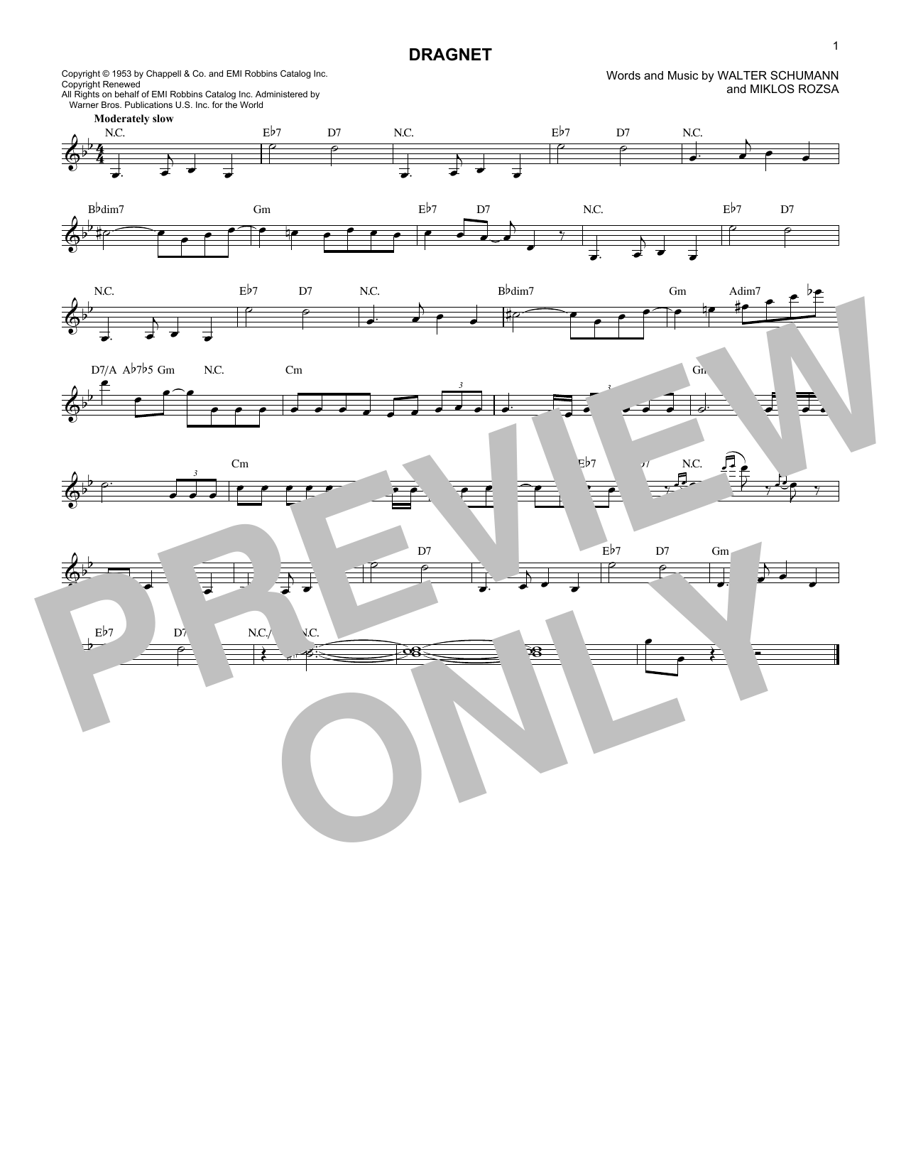 Miklos Rozsa Dragnet Sheet Music Notes & Chords for Melody Line, Lyrics & Chords - Download or Print PDF