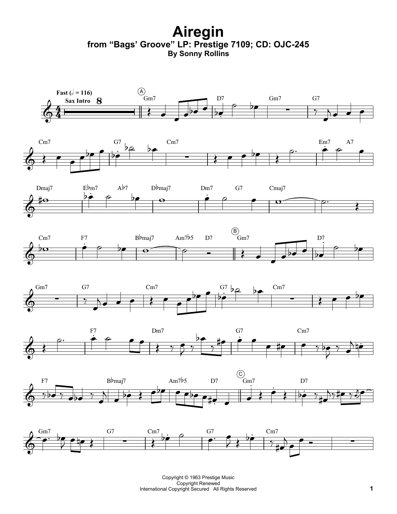 Miles Davis Airegin Sheet Music Notes & Chords for Trumpet Transcription - Download or Print PDF
