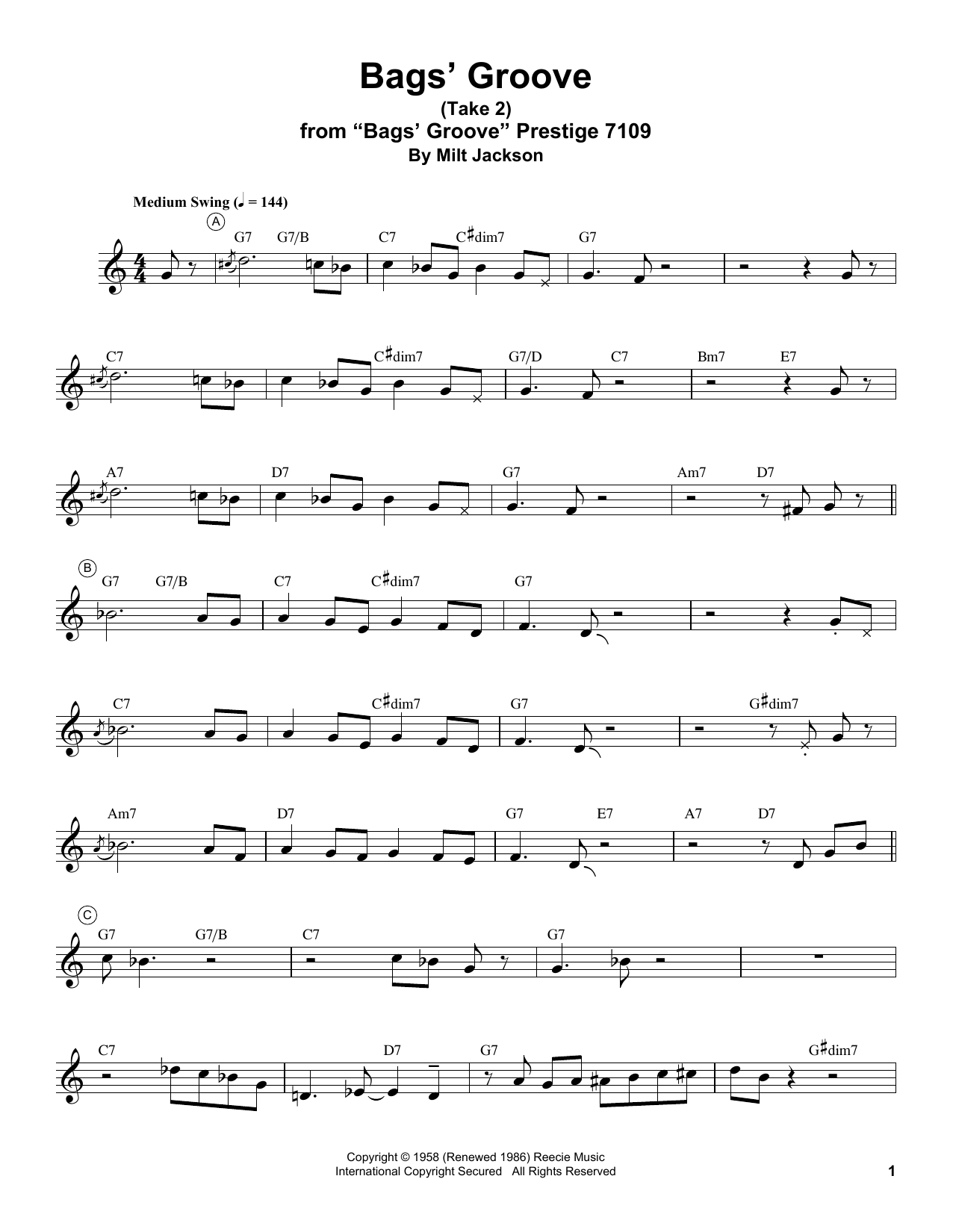 Miles Davis Bags' Groove (Take 2) Sheet Music Notes & Chords for Electric Guitar Transcription - Download or Print PDF