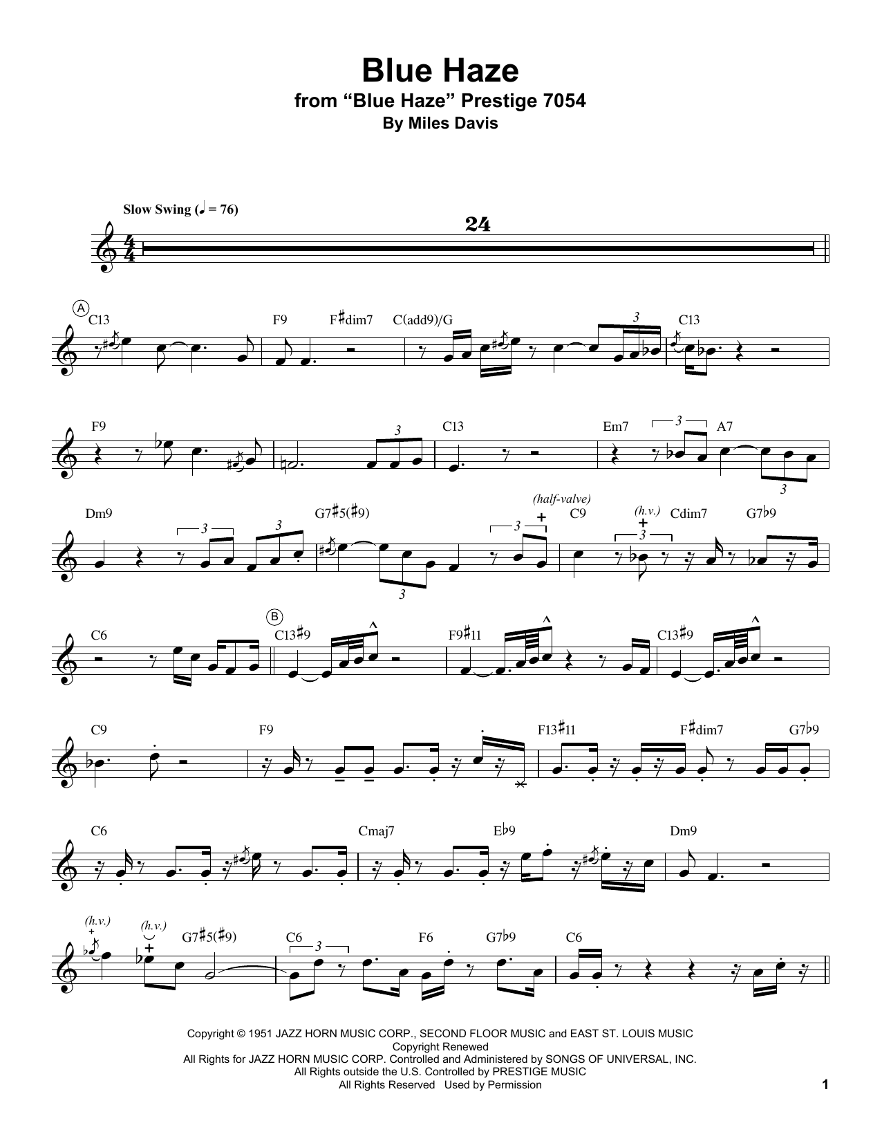 Miles Davis Blue Haze Sheet Music Notes & Chords for Trumpet Transcription - Download or Print PDF