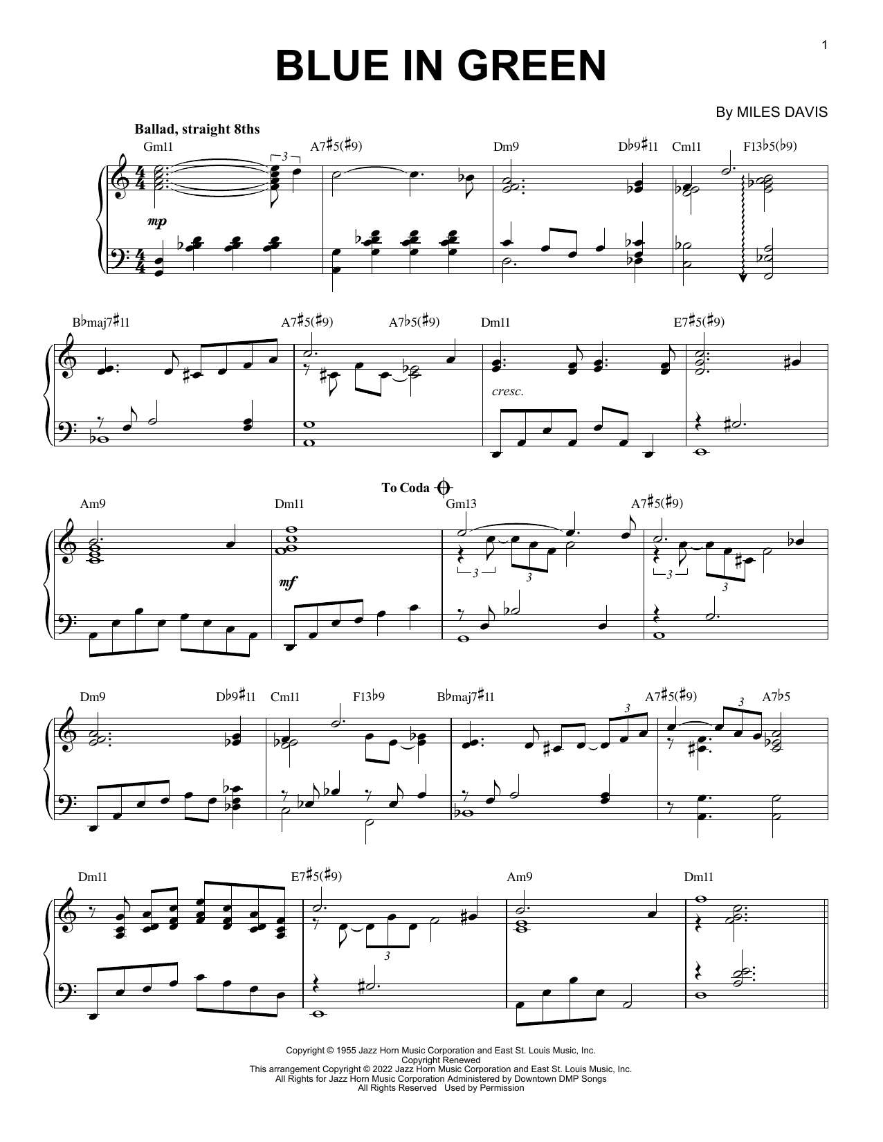 Miles Davis Blue In Green [Jazz version] (arr. Brent Edstrom) Sheet Music Notes & Chords for Piano Solo - Download or Print PDF