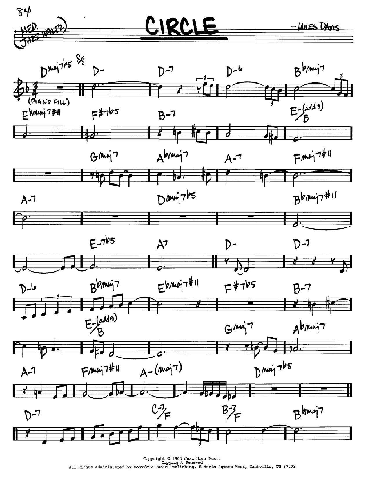 Miles Davis Circle Sheet Music Notes & Chords for Piano - Download or Print PDF