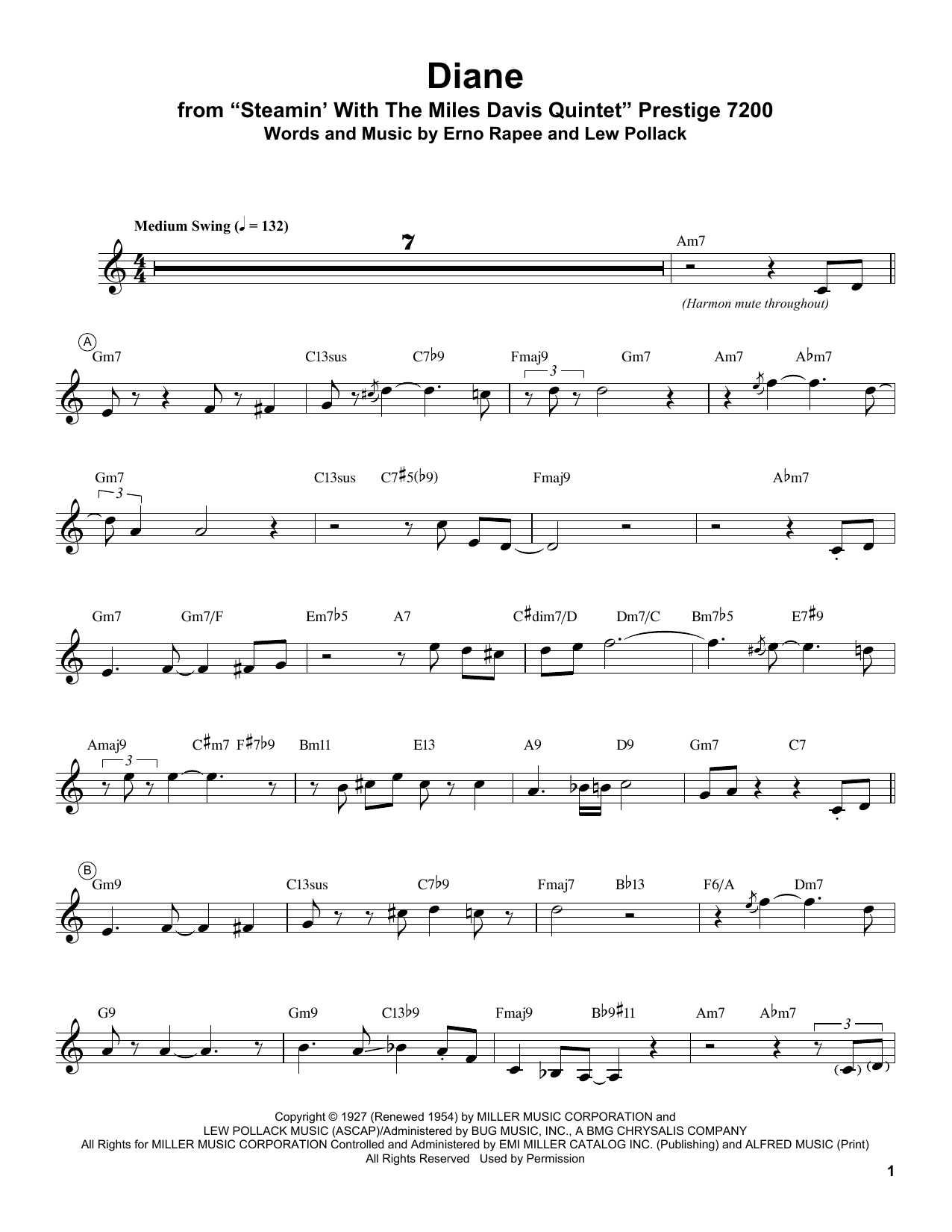 Miles Davis Diane Sheet Music Notes & Chords for Trumpet Transcription - Download or Print PDF
