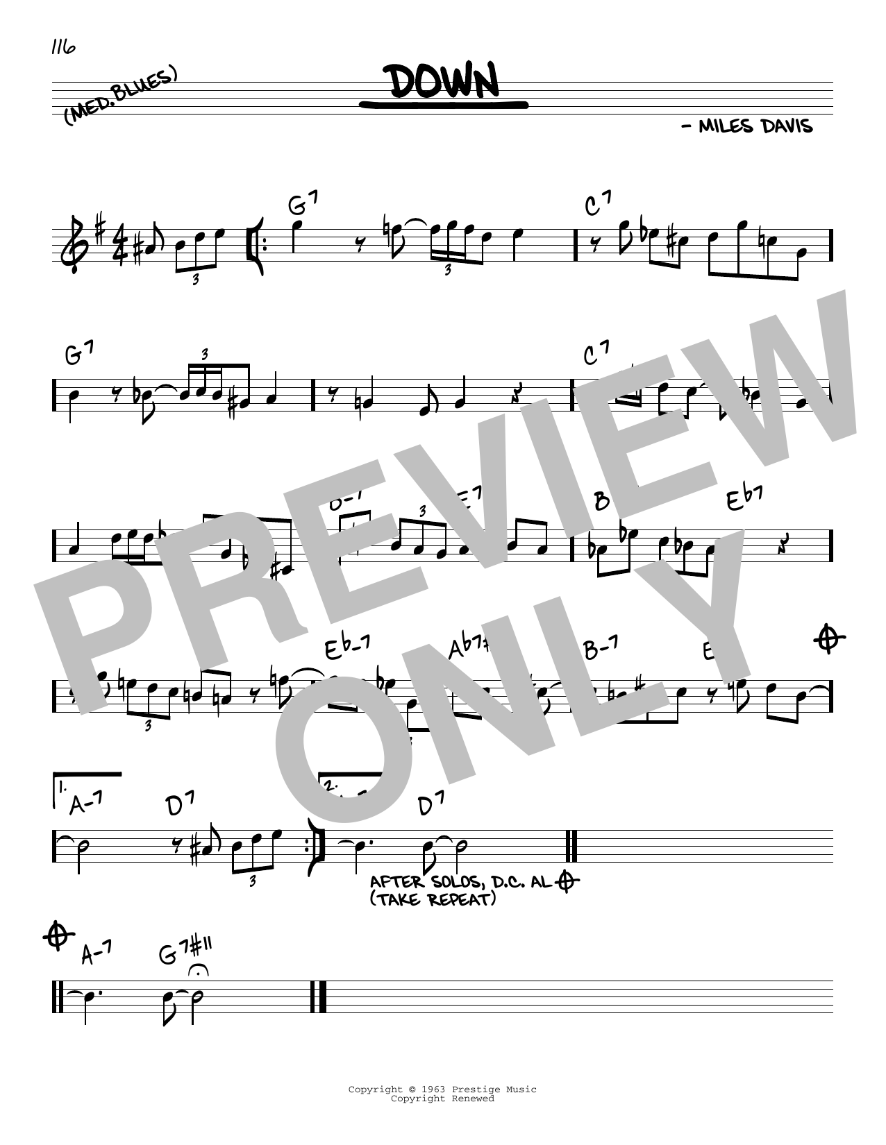 Miles Davis Down Sheet Music Notes & Chords for Real Book – Melody & Chords - Download or Print PDF