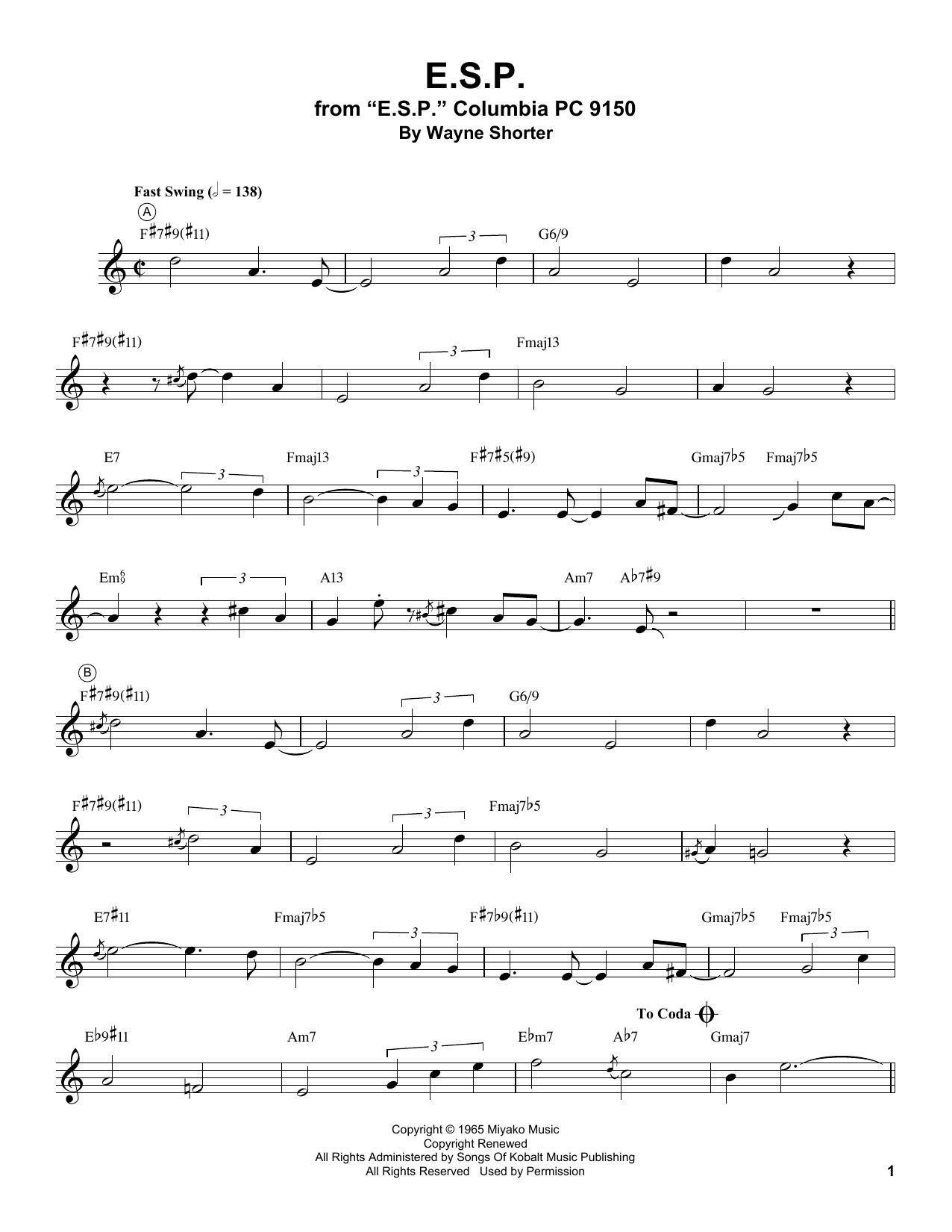 Miles Davis E.S.P. Sheet Music Notes & Chords for Trumpet Transcription - Download or Print PDF