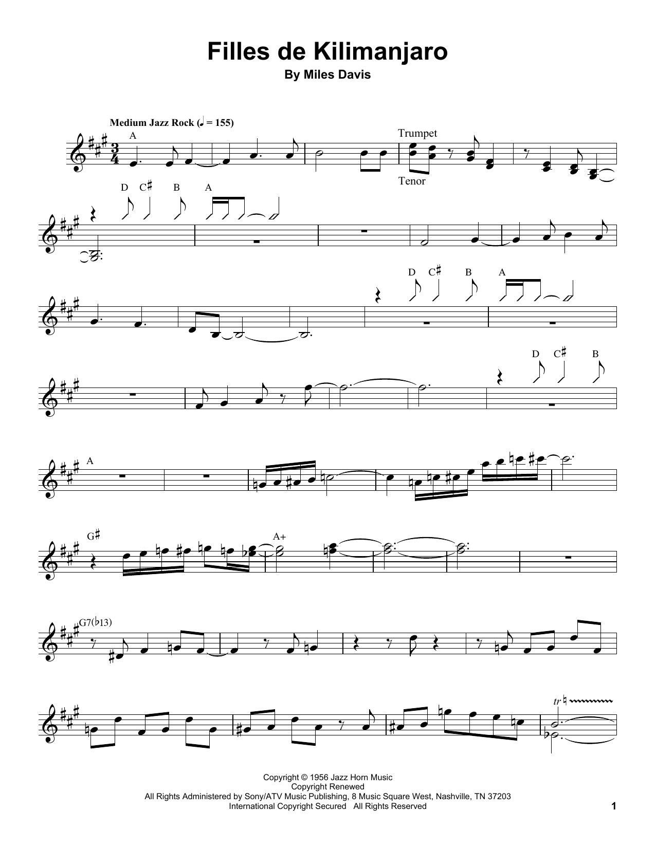 Miles Davis Filles De Kilimanjaro Sheet Music Notes & Chords for Trumpet Transcription - Download or Print PDF