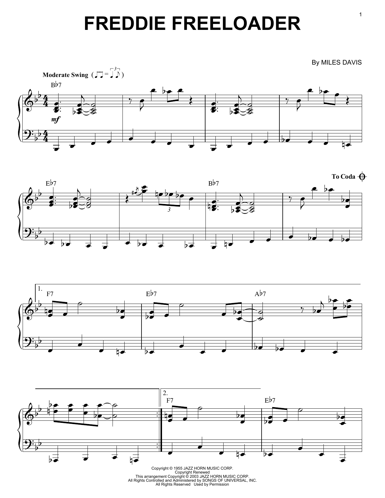 Miles Davis Freddie Freeloader Sheet Music Notes & Chords for Piano Solo - Download or Print PDF
