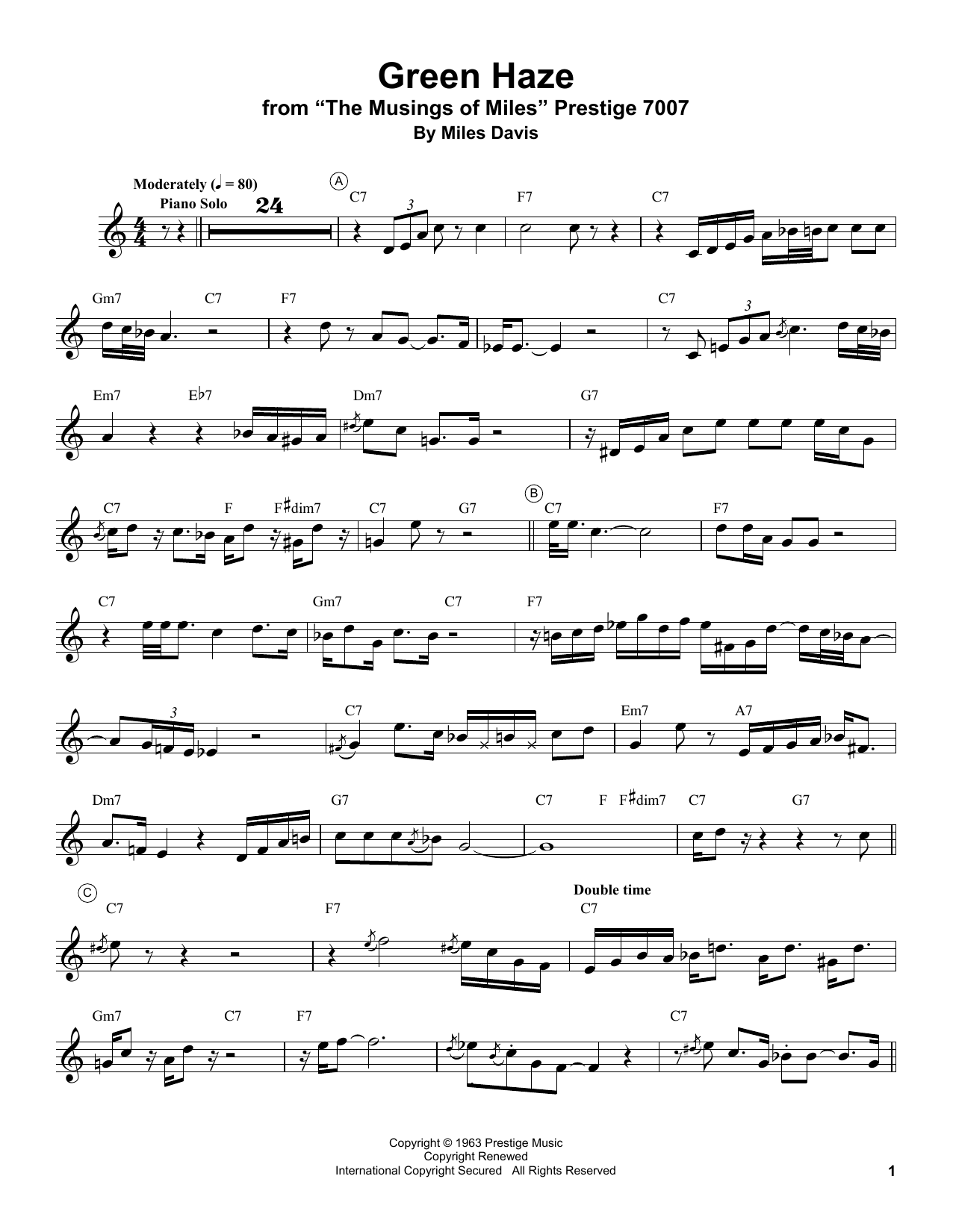 Miles Davis Green Haze Sheet Music Notes & Chords for Trumpet Transcription - Download or Print PDF