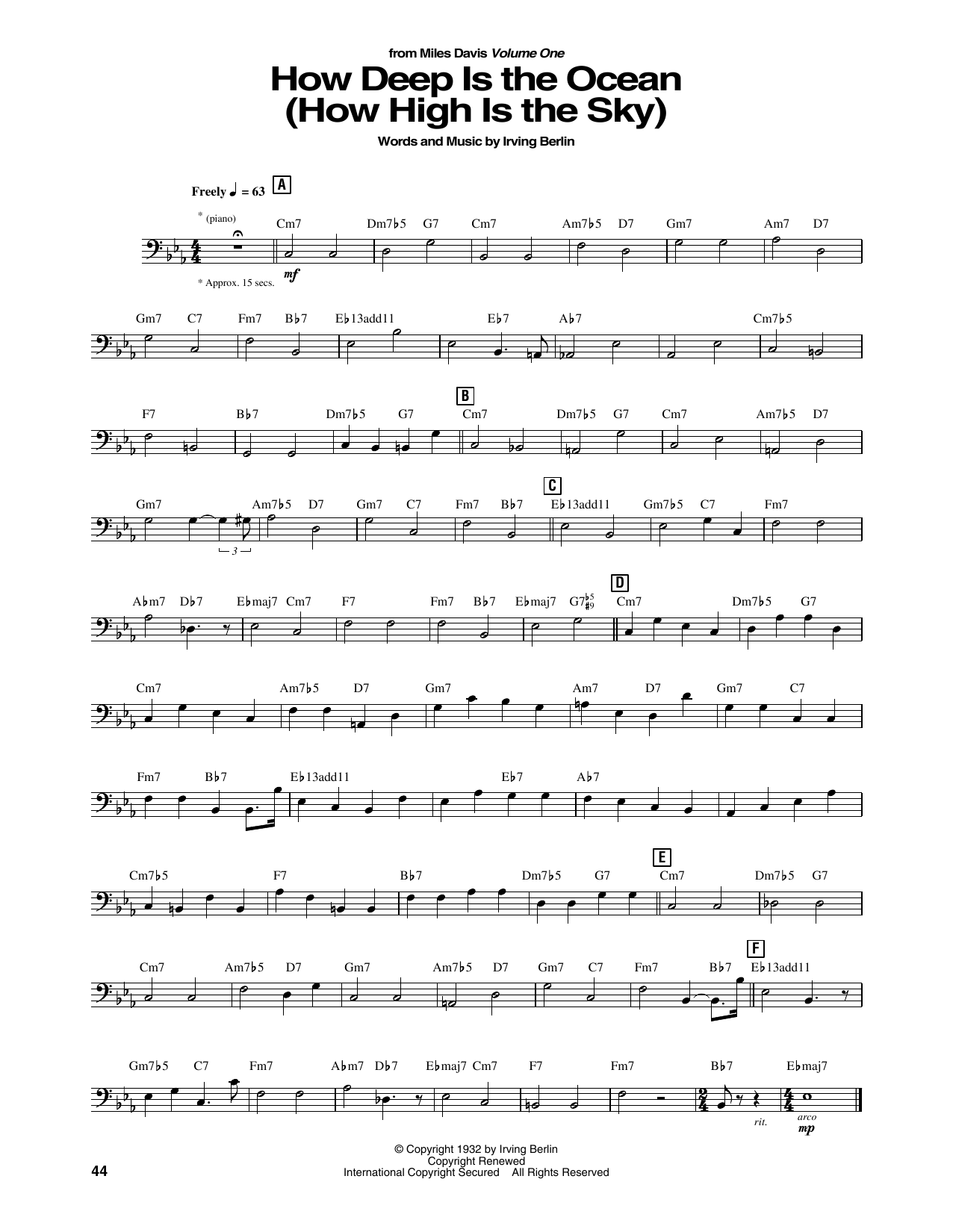 Miles Davis How Deep Is The Ocean (How High Is The Sky) Sheet Music Notes & Chords for String Bass Transcription - Download or Print PDF
