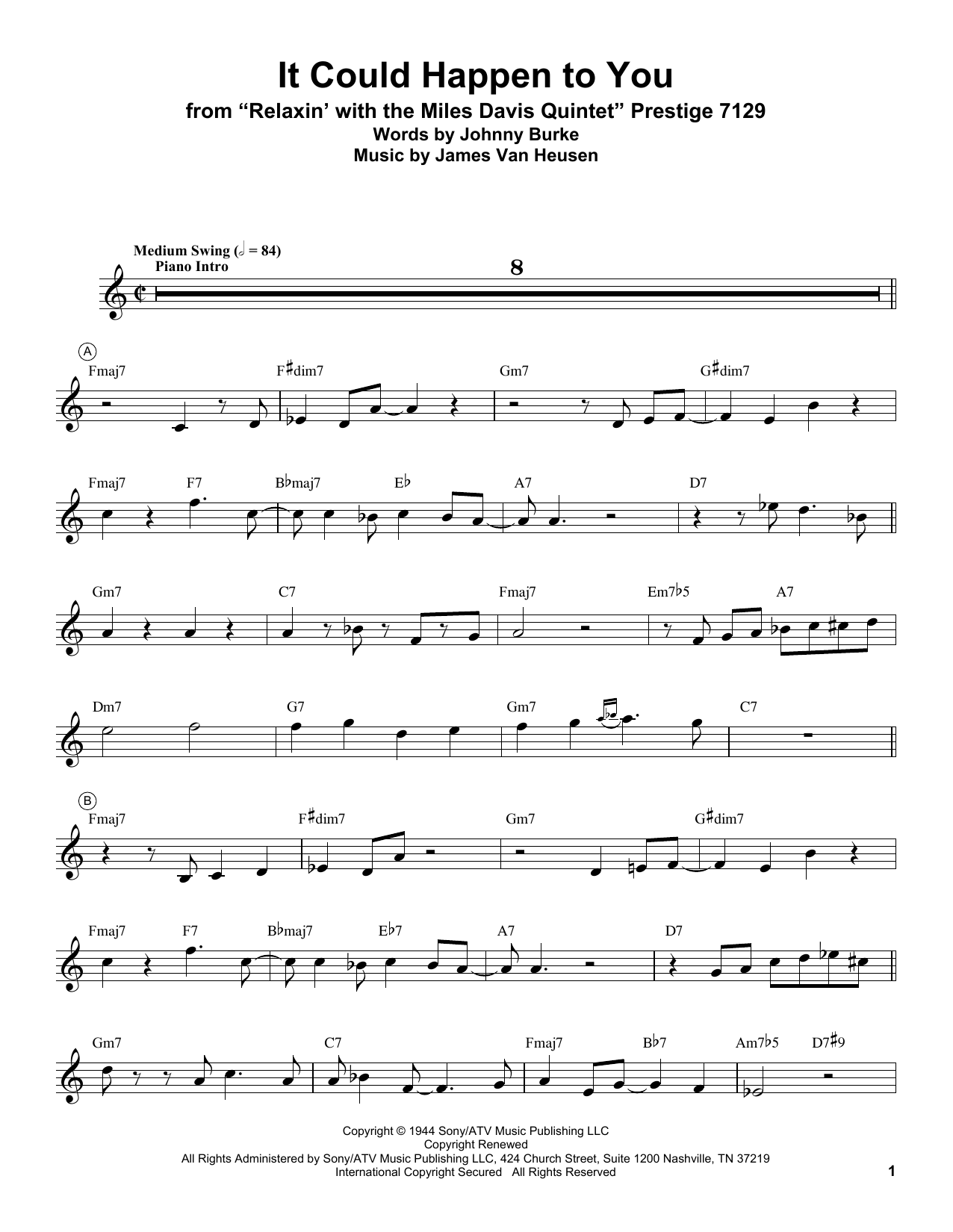 Miles Davis It Could Happen To You Sheet Music Notes & Chords for Trumpet Transcription - Download or Print PDF