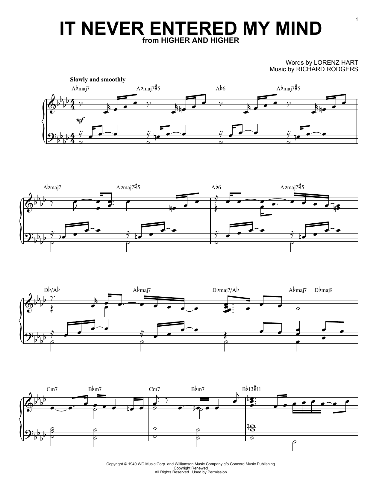 Miles Davis It Never Entered My Mind (from Runaway Bride) Sheet Music Notes & Chords for Piano Solo - Download or Print PDF