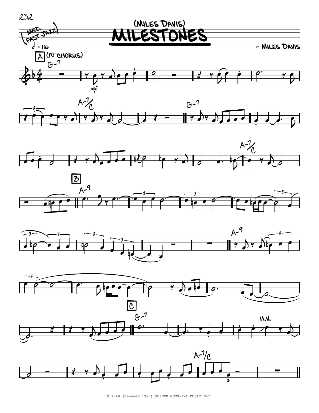 Miles Davis Milestones (solo only) Sheet Music Notes & Chords for Real Book – Melody & Chords - Download or Print PDF