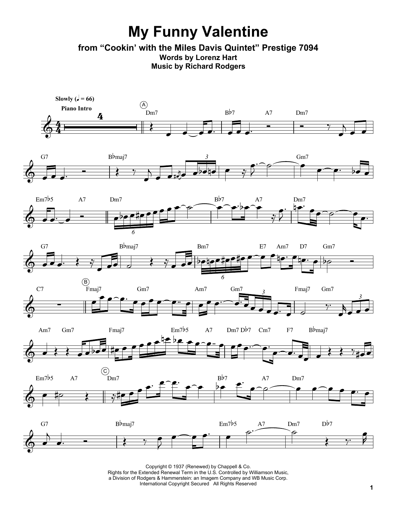Miles Davis My Funny Valentine Sheet Music Notes & Chords for Trumpet Transcription - Download or Print PDF