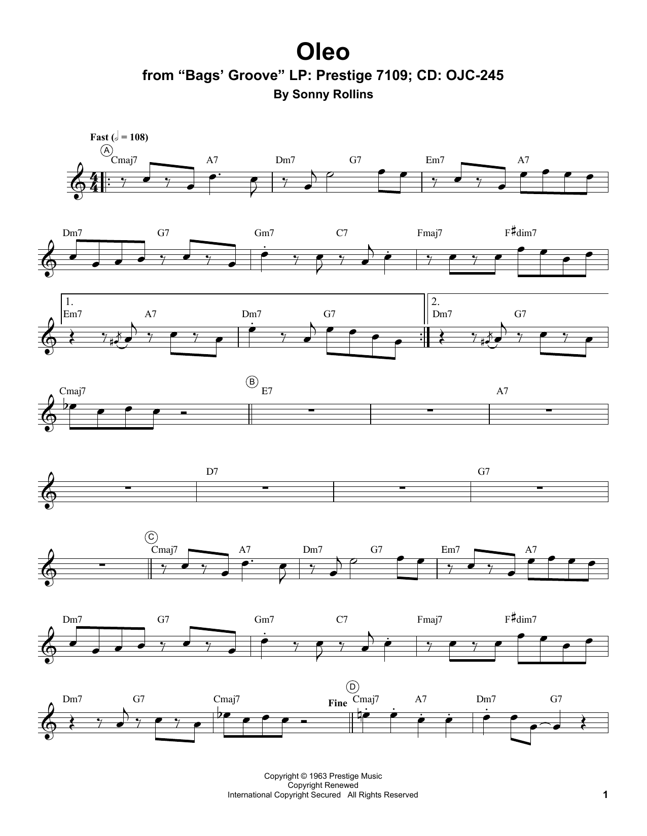 Miles Davis Oleo Sheet Music Notes & Chords for Tenor Saxophone - Download or Print PDF